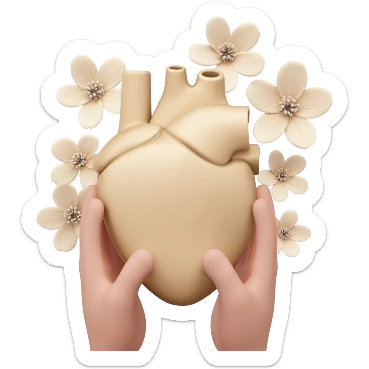 hands holding realistic light beige human heart with beige flowers sticker