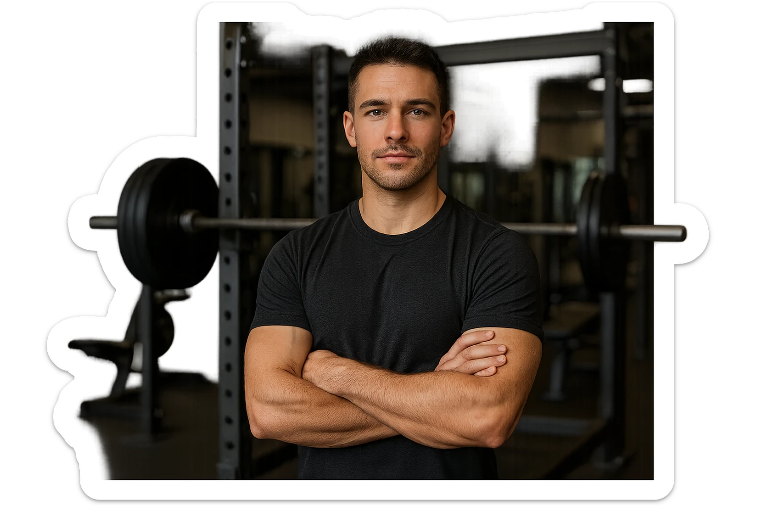 uomo sicuro di sè a braccia conserte, ben allenato e sereno, sullo sfondo una palestra sticker