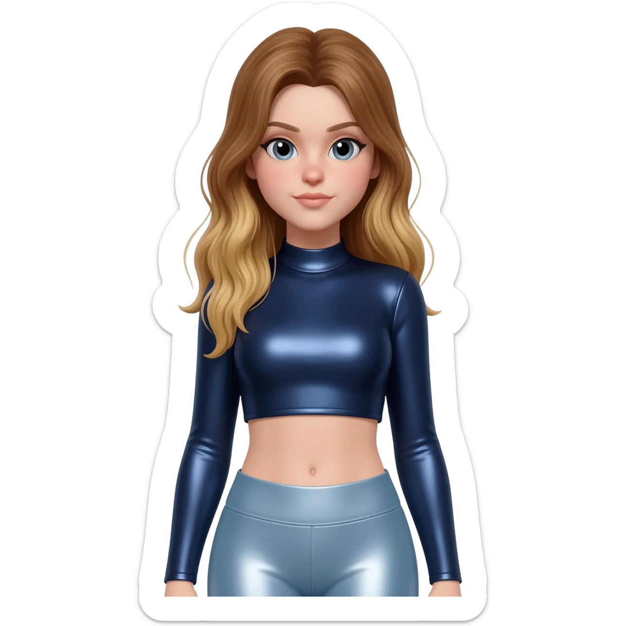 GloomyKassie with long golden brown hair, dark blue metallic crop top, light blue metallic leggings sticker