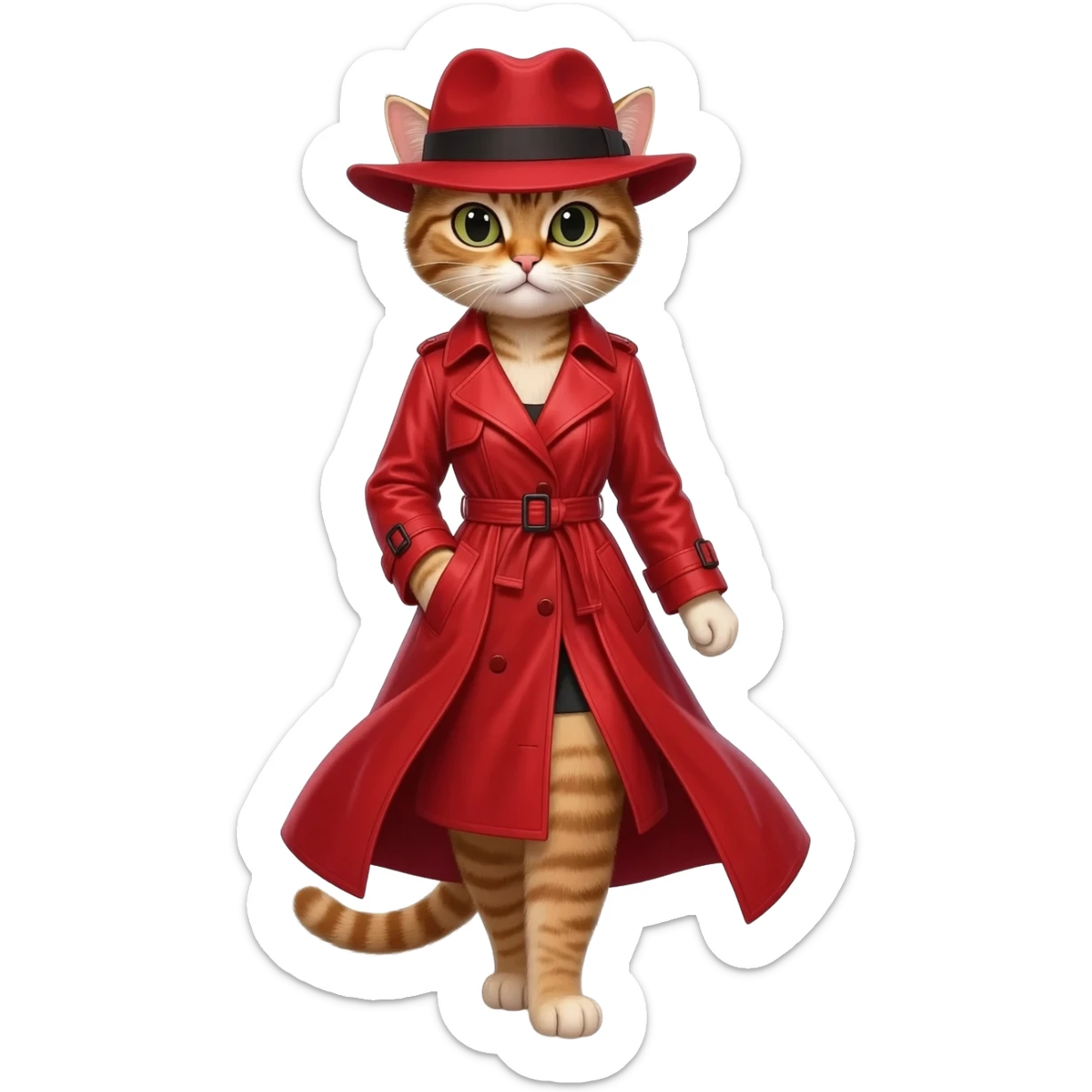 girl cat wearing red fedora flowing red trench coat sticker