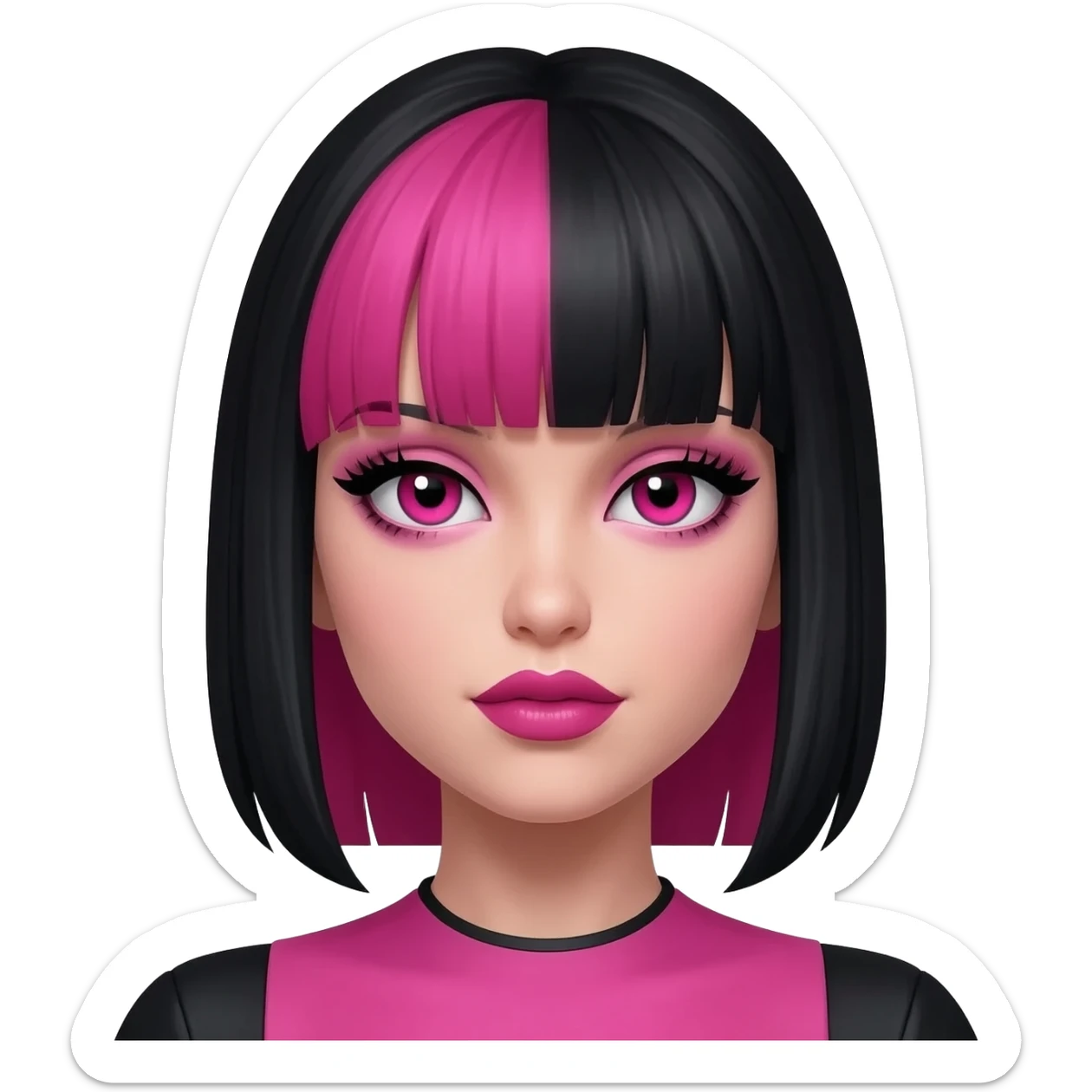 Girl with black and pink hair with pink tints on her bangs and hair tall lashes that are pink and black and have pink light tints to them and the clothes are a pink and black dress and pink and black lime lips and eyes black and pink heterochromia and British eyebrows sticker