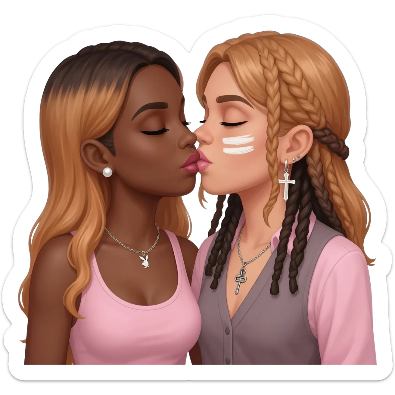 Bimbo, pearl earrings stud, Light pink cute lips, long middle part with long light ginger hair, dark brown skin, playboy necklace with lashes, light pink shirt, kissing the goth black girl with brown skin, cross earrings, ankh necklace with dreadlocks with white paint on face sticker