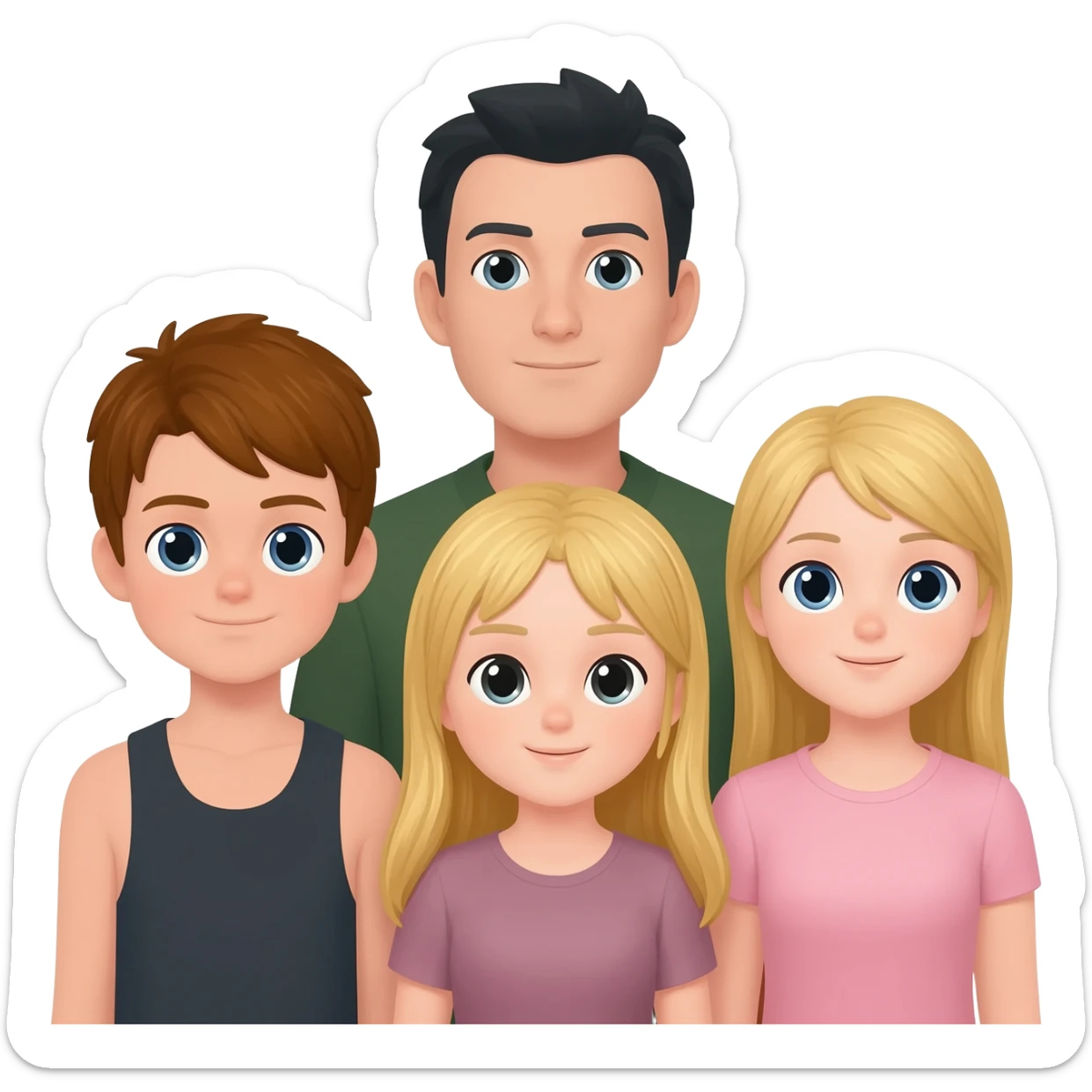 One boy brown and two blonde girls and one white with black hair sticker