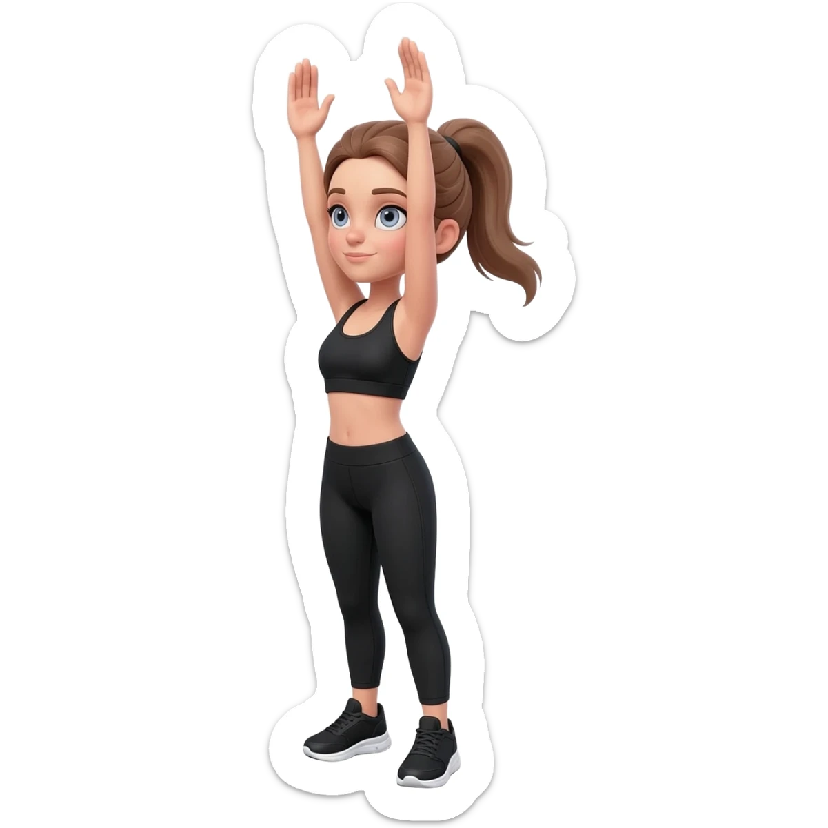 morning stretch with both arms overhead, fair-skinned woman, gray-blue eyes, ash brown brows, ash light brown hair tied back, slim athletic body, black workout set, black sneakers with white soles sticker