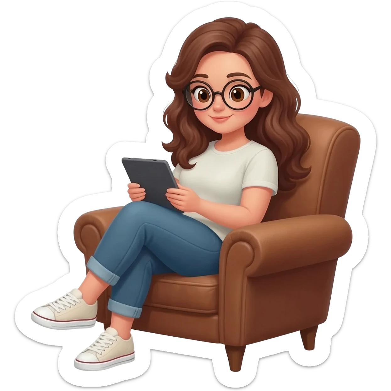 detailed emoji illustration of a curvy woman with long chestnut brown wavy hair, light brown eyes and round glasses sitting in a brown vintage armchair while reading on an e-reader tablet, cozy reading atmosphere, cute emoji style sticker