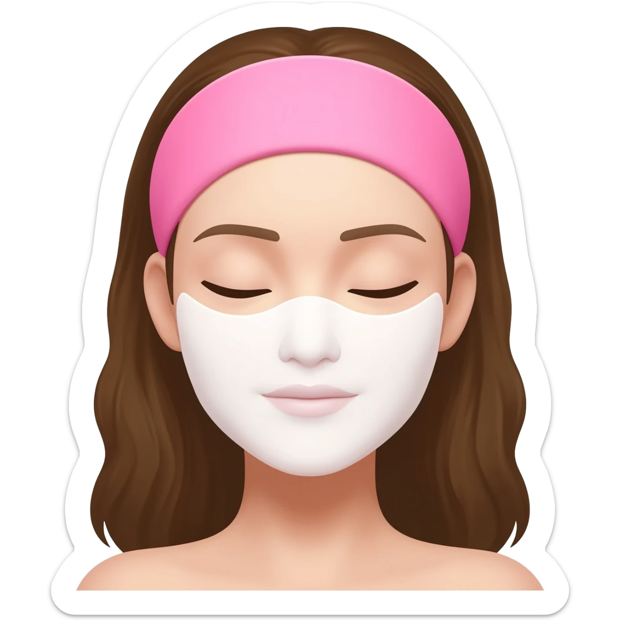 A woman with brown hair, eyes closed, calm and neutral expression, not smiling, wearing a pink headband, wearing a white sheet mask, simple emoji style, flat 2D render, pastel colors, white background sticker