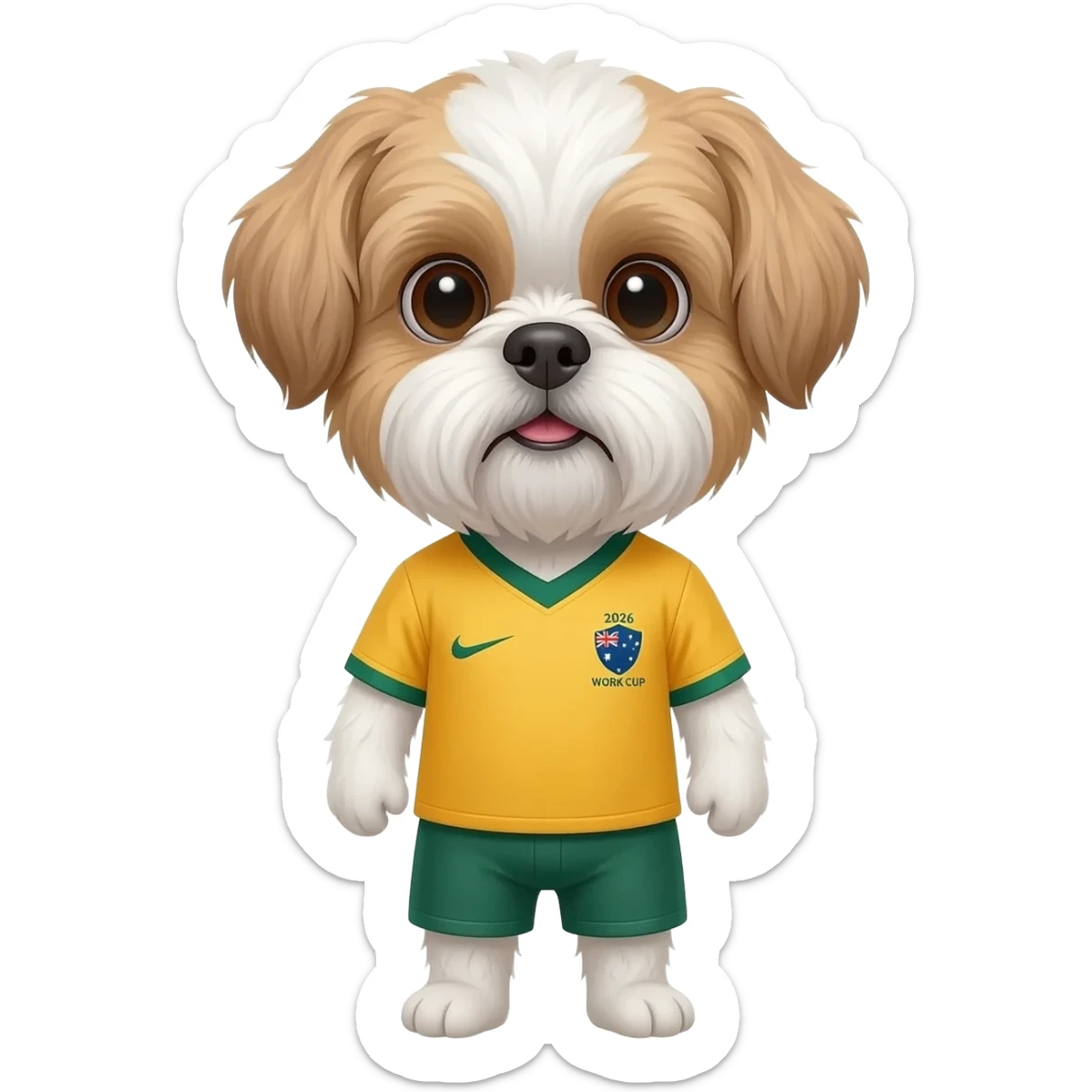 white and light brown shih zhu wearing a Australia soccer jersey v neck 2026 work cup sticker
