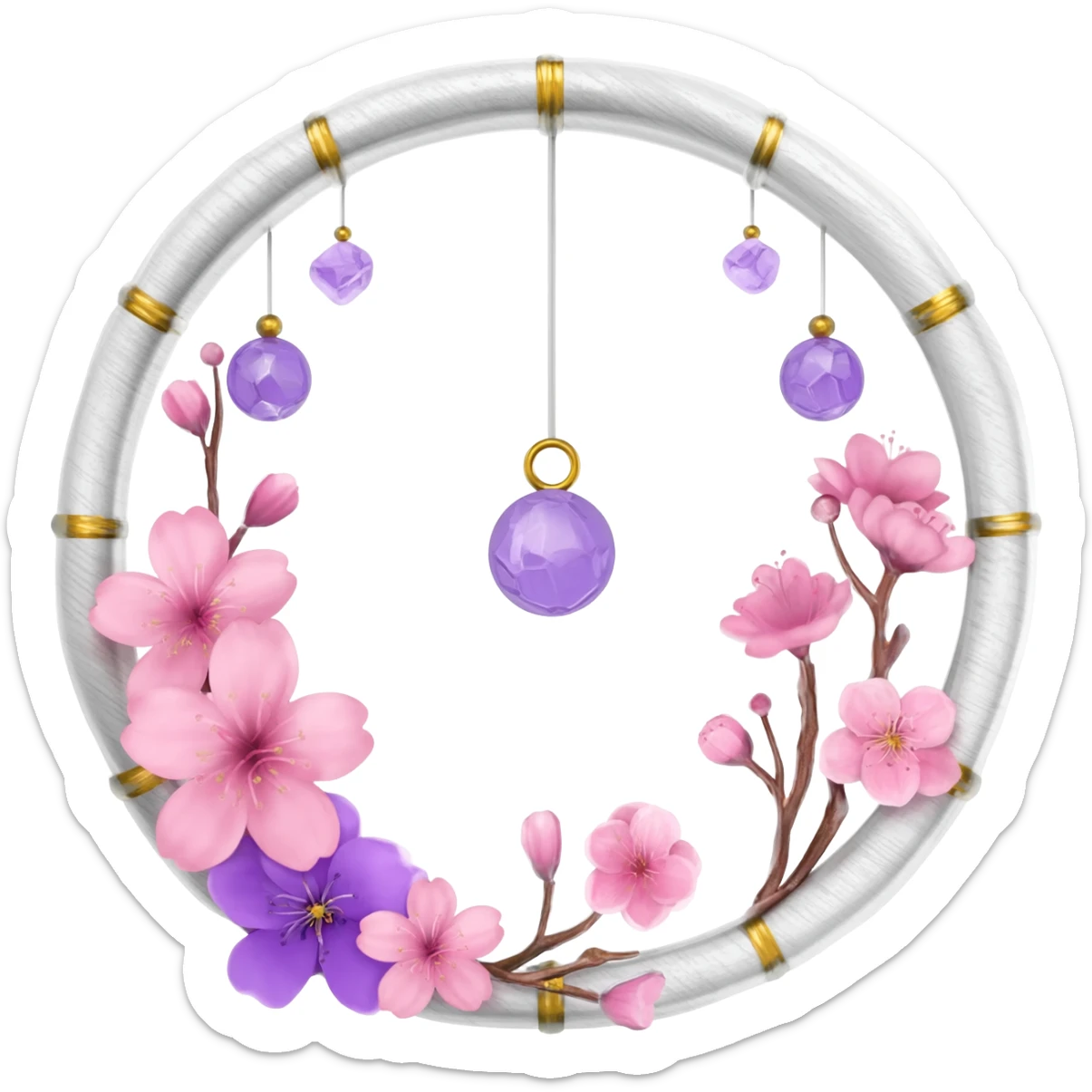 A white-wooden-circle-framed Dreamcatcher, with purple-round-orb-stones, gold-ring-accents, purple tint flowers, pink sakura flowers, sticker