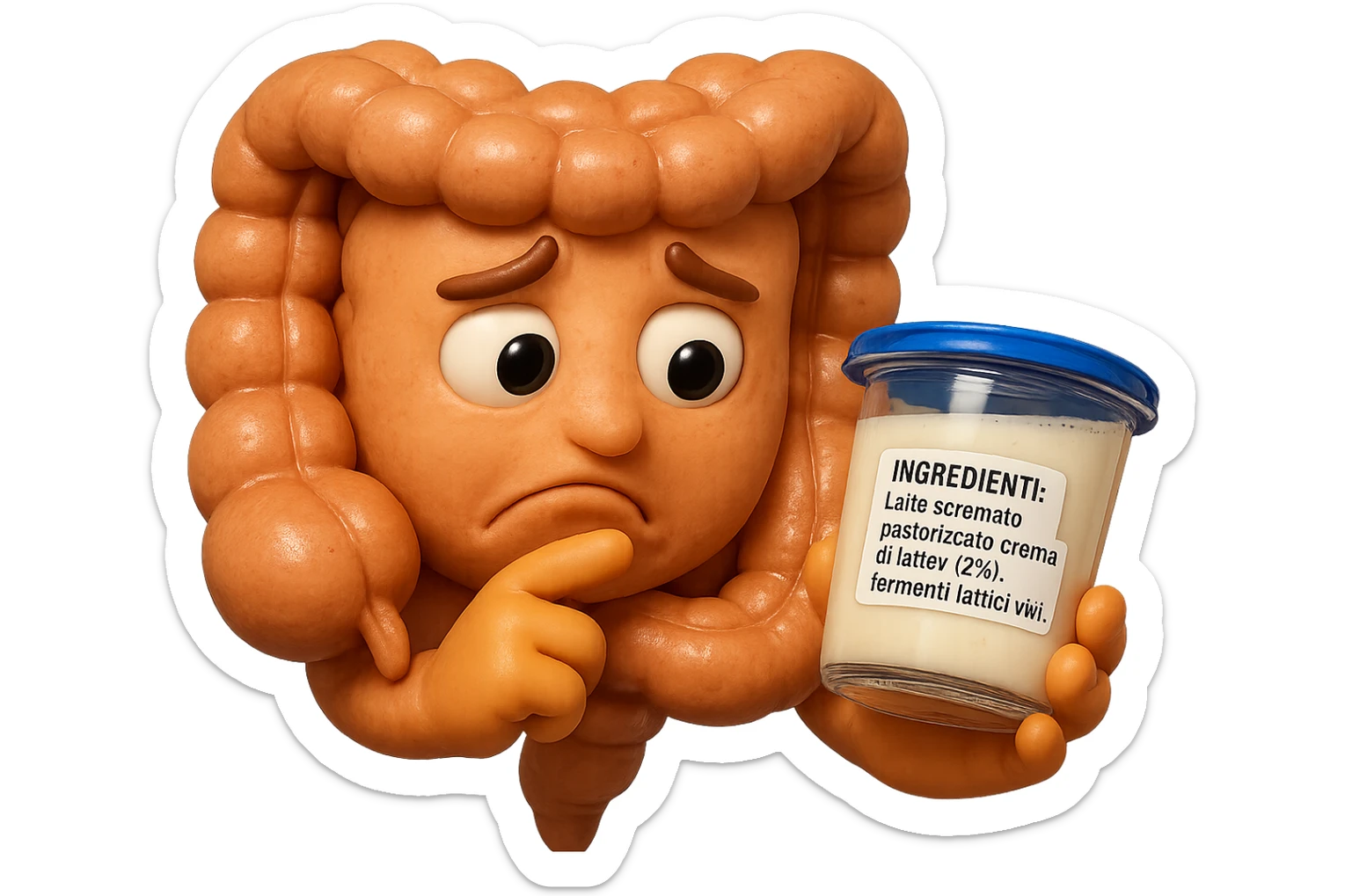 SU QUESTO STILE FAI UN EMOJI STILE IPHONE 3D DI UN INTESTINO CHE HA IN MANO UN BARATTOLO DI YOGURT CONFEZIONATO DA SUPERMERCATO E LEGGE L'ETICHETTA NUTRIZIONALE CON GLI INGREDIENTI IN ITALIANO, ACCANTO ALLO YOGURT CHE HA IN MANO C'è UN FOCUS SULL'ETICHETTA CON GLI INGREDIENTI SCRITTI, FAGLI UN ESPRESSIONE CONFUSA MENTRE LEGGE E FALLO MOLTO REALISTICO IN 3D sticker