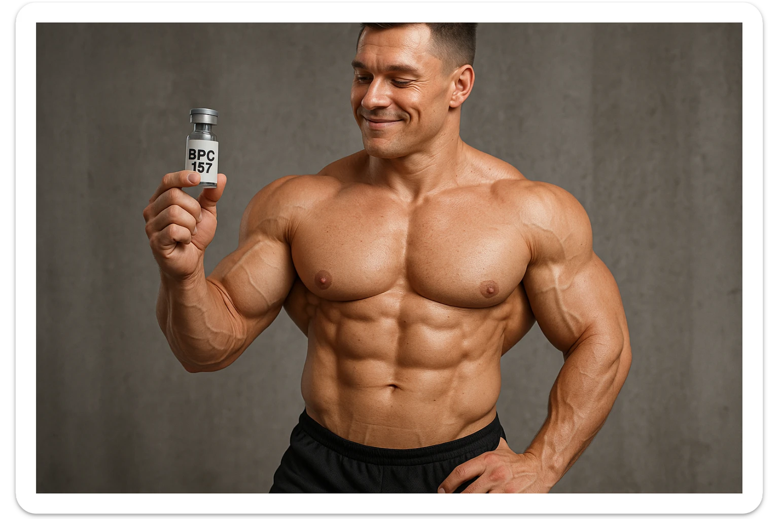 BODYBUILDER A FIGURA INTERA CHE TIENE IN MANO UNA FIALA MEDICA CON la scritta "BPC 157" SULL'ETICHETTA E LA GUARDA SODDISFATTO, iperrealistico 4k sticker