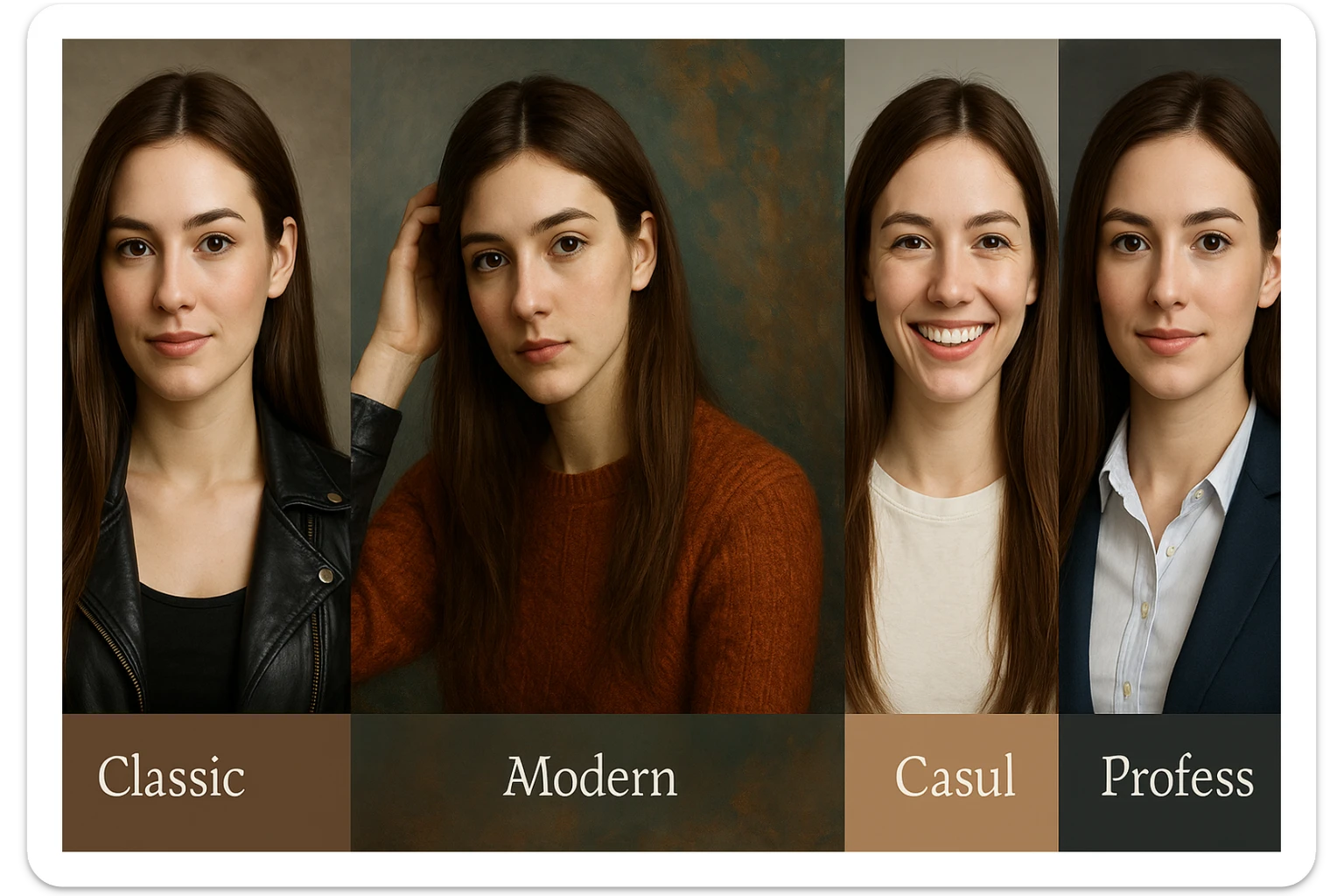 portrait of a young woman with long straight brown hair, different styles sticker