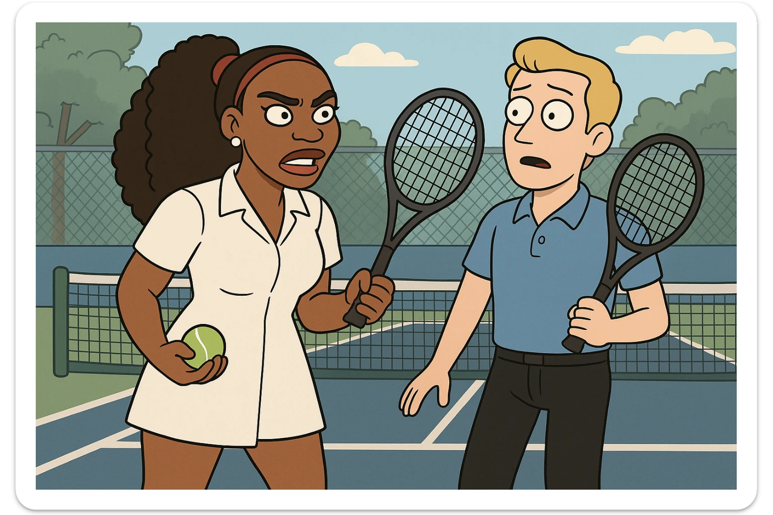 Serena Williams white shirt dress tennis racket one ball tennis a man dark yellow hair blue shirt black trousers tennis racket tennis court background  sticker