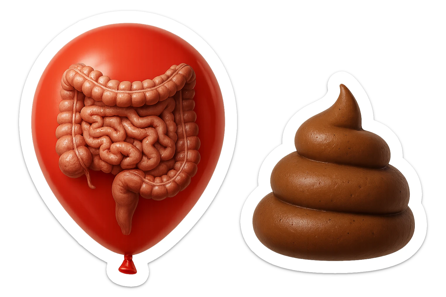 intestino umano anatomico chiuso in un palloncino rosso che simboleggia gonfiore, accanto un simbolo di cacca che simboleggia "diarrea", iperrealistico 4k sticker