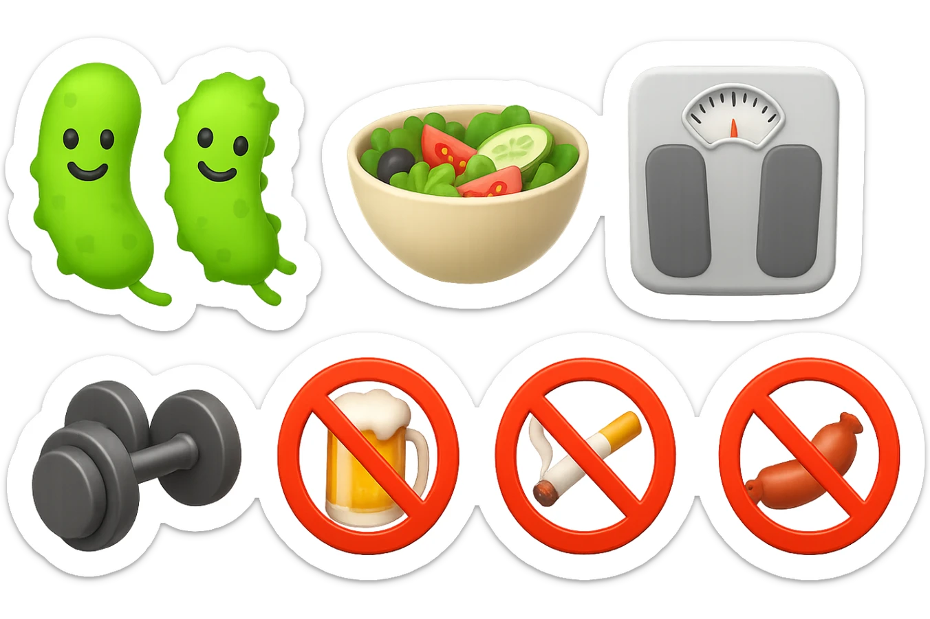 emoji stile iphone di: due batteri intestinali felici, una bowl di insalata, una bilancia pesapersone, manubri da palestra, e un boccale di birra con divieto 3d sopra, una sigaretta con divieto 3d sopra e un wurstel con divieto 3d sopra, fluttuano in aria, iperrealistico 4k sticker