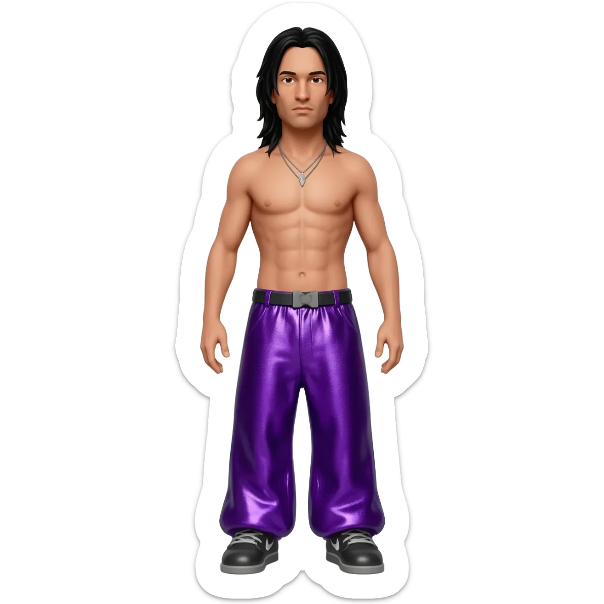 Jonathan Davis with long black hair, purple metallic baggy pants, shirtless with necklace sticker