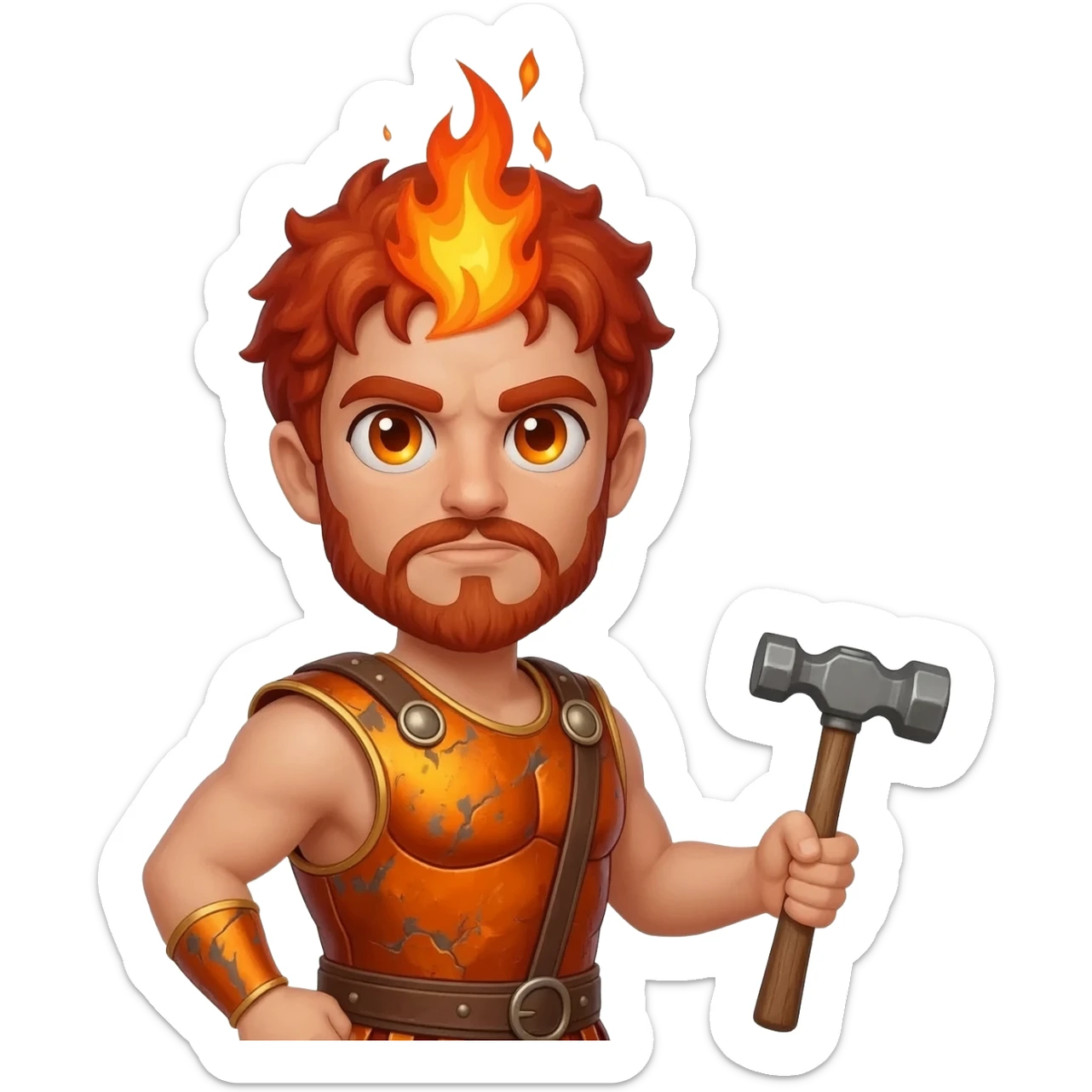 Vulcan from Roman Mythology with amber eyes, red hair, burnt orange metallic tunic sticker