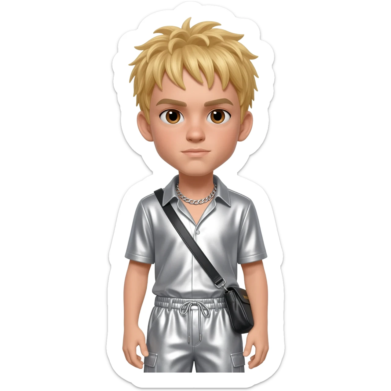 Aaron Carter with brown eyes, blonde hair, silver metallic shirt, silver metallic baggy pants, silver necklace sticker