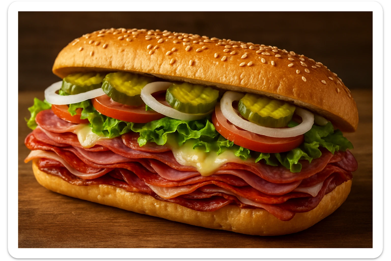 a hoagie-style Italian sandwich, overflowing with meats, cheese, and vegetables, on a sesame seed roll sticker