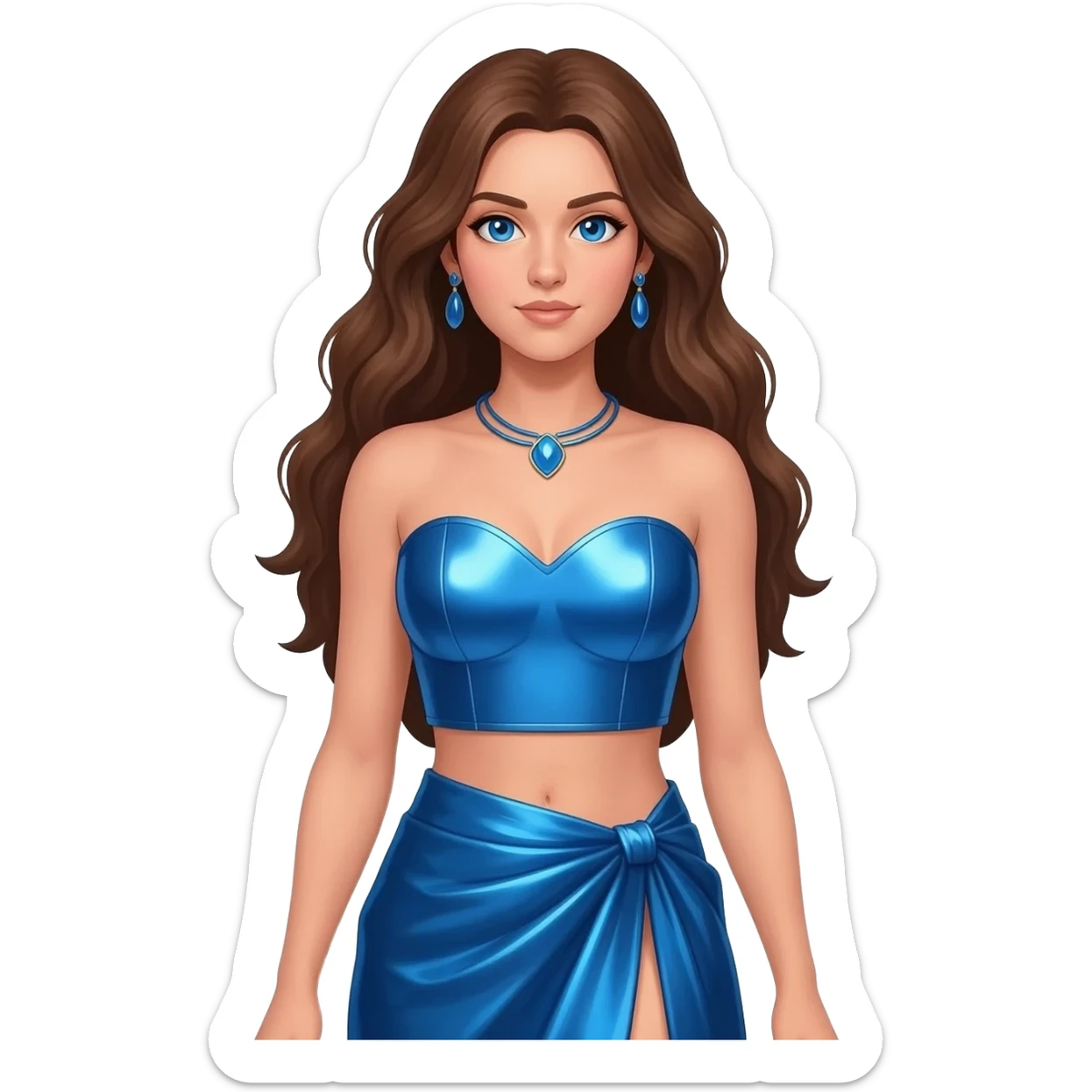Hera from Greek Mythology with blue eyes, long brown hair, blue metallic sweetheart crop top, blue metallic wrap long skirt, blue necklace and earrings sticker