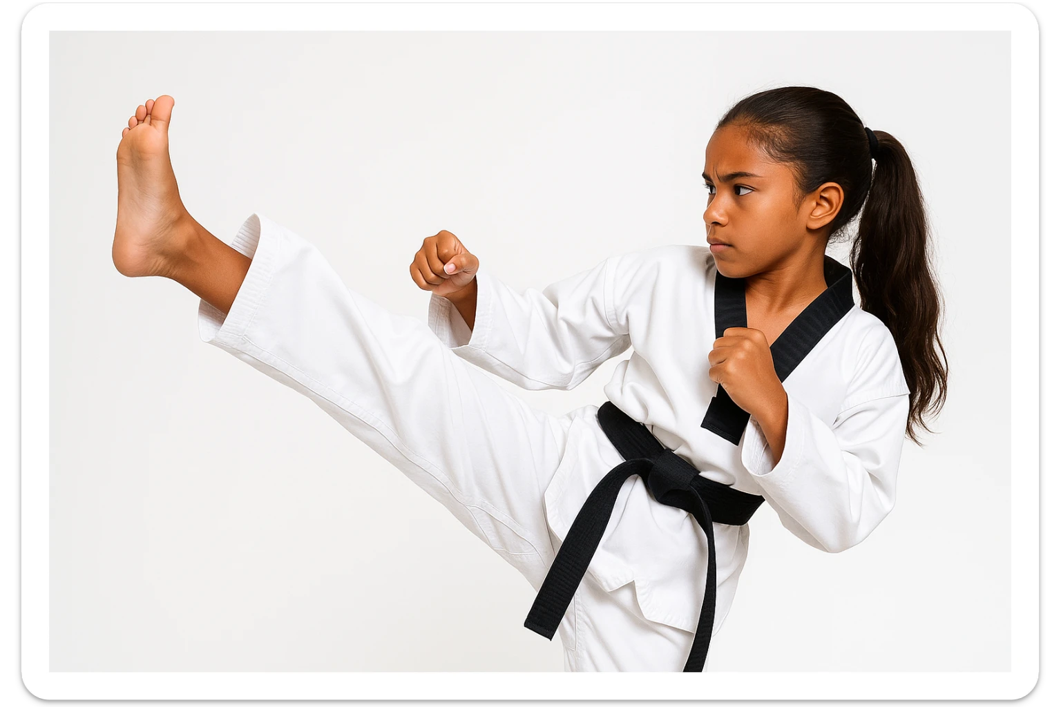 brown-skinned girl with brown hair in a ponytail executing a taekwondo side kick, focused face, white dobok, clean background sticker