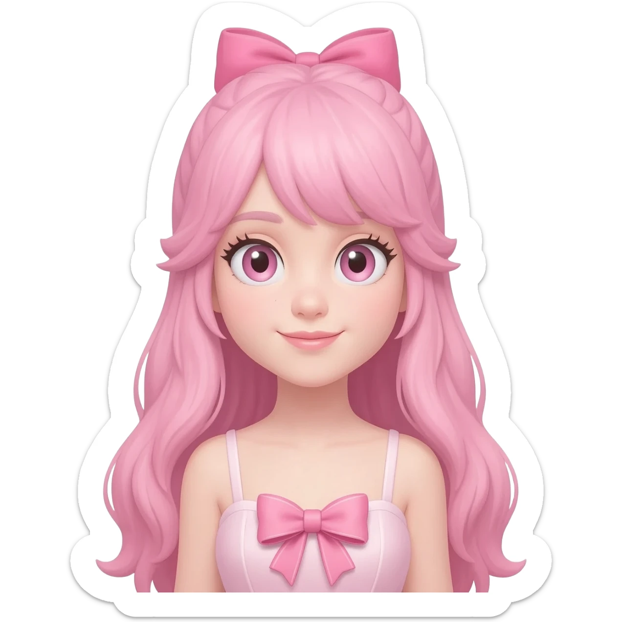 Long pastel pink hair tied with a bow, wearing a sexy dress with a bow on the chest, and very fair sticker