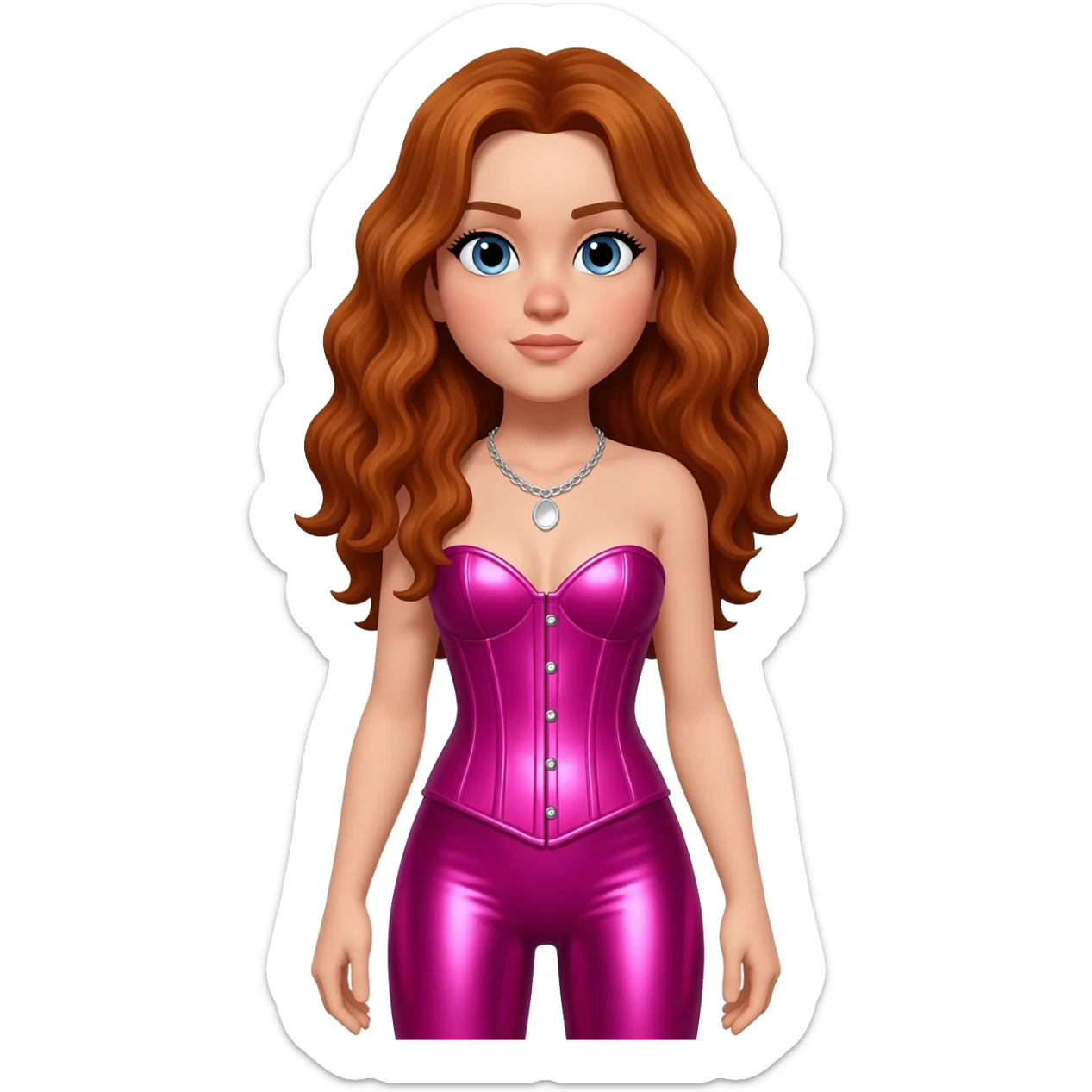 Chappell Roan with blue eyes, long auburn wavy hair, fuchsia metallic corset, fuchsia metallic leggings, silver necklace sticker