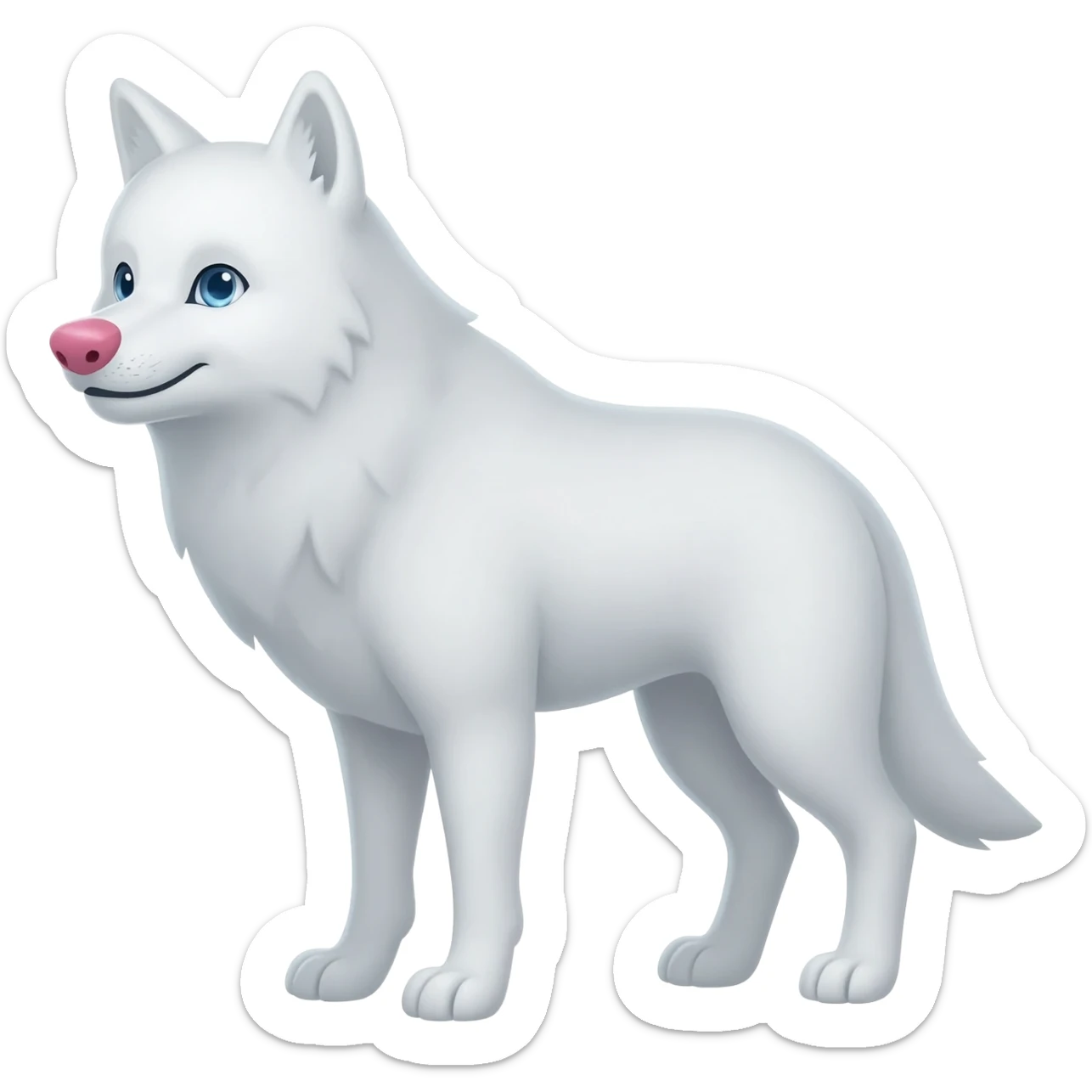 White wolf with blue eyes and a pink nose sticker
