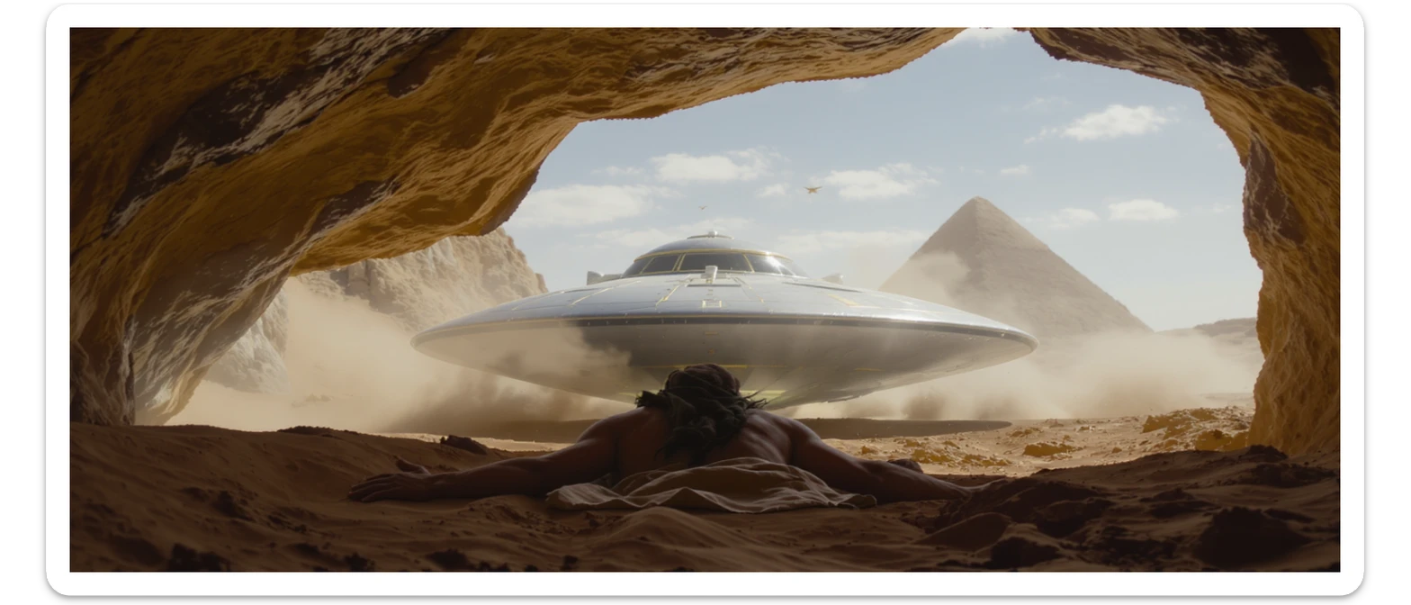 cinematic still, documentary photography, acient egypt, back shot of a man dress in ancient clothes in cave (frame in frame effect) on ground laying front of small ufo starship, sand flying around, palms, dynamic scane, leading lines, captured by arri alexa, depth layers, piramids in babckground sticker