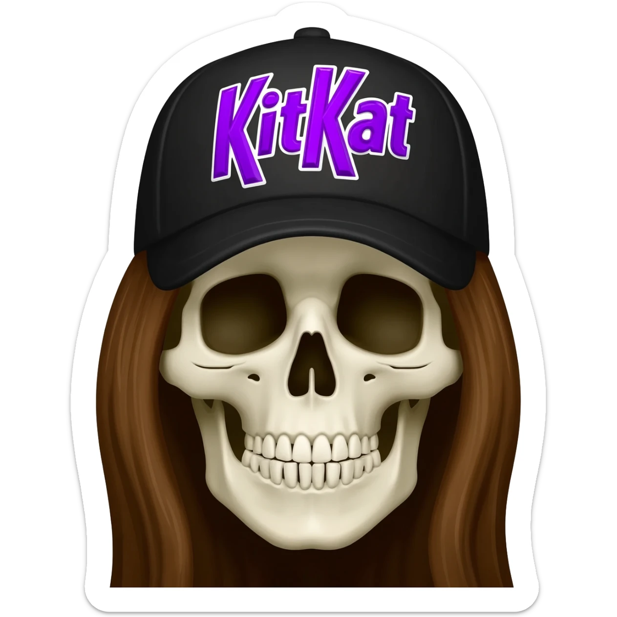 Create a skeleton head wearing a black baseball cap that says " Kit Kat " in purple, and white lettering, with long brown hair sticker