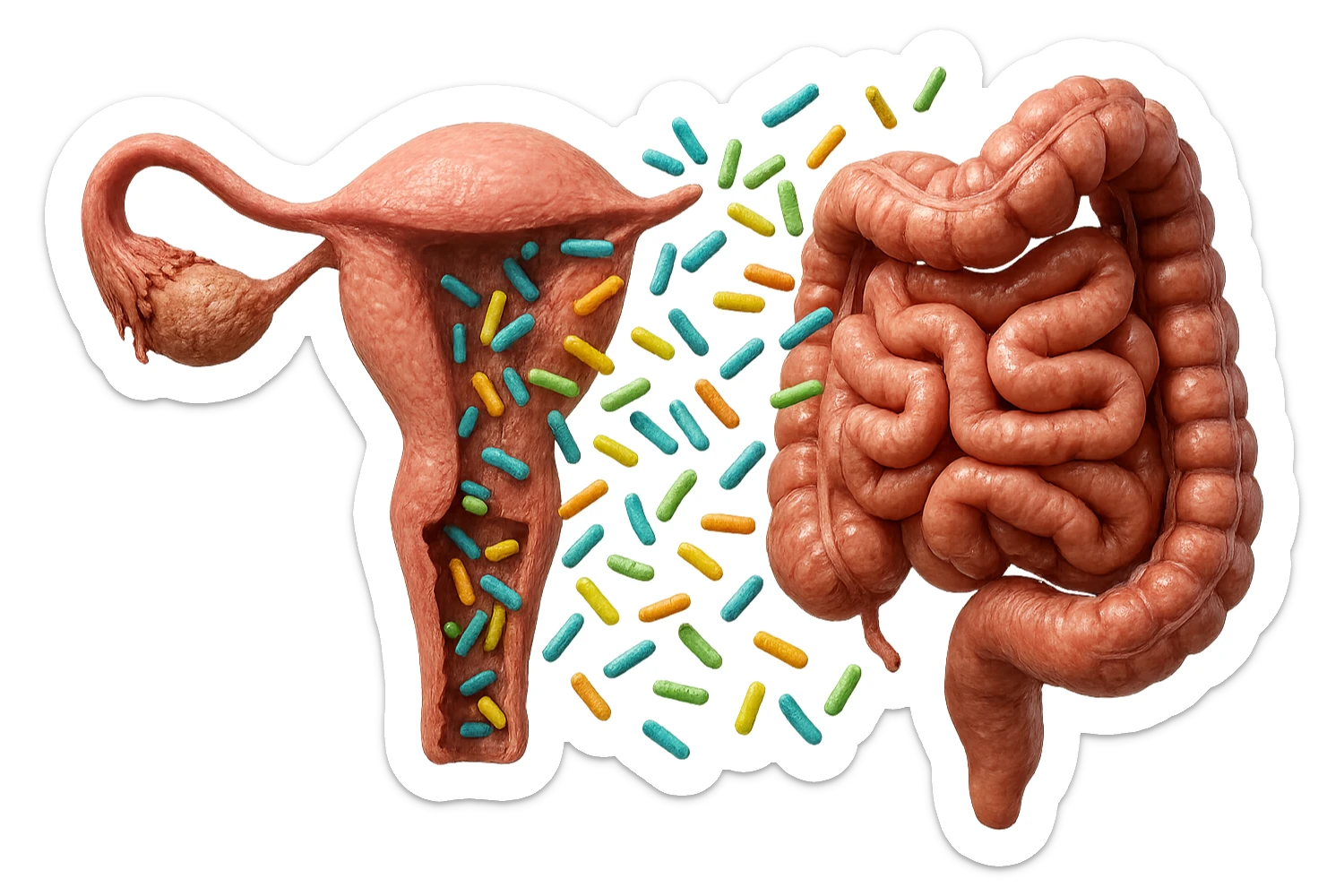 UTERO UMANO E INTESTINO ANATOMICI REALISTICI SONO UNO ACCANTO ALL'ALTRO E SI PASSANO I BATTERI A VICENDA, CON BATTERI CHE ESCONO DALL'INTERNO, IPERREALISTICO 4K, NON DISEGNATO sticker