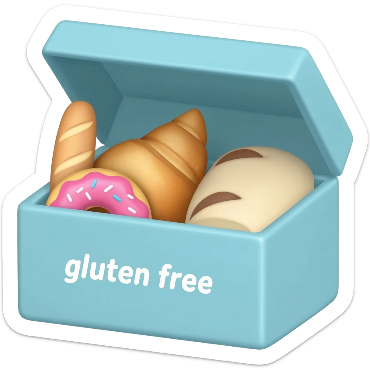 Kawaii open blue bread box filled with baguette, croissant, pink donut, white bread roll. "gluten free" text on front. Thick outline, flat cartoon sticker style, pastel blue, white background. sticker