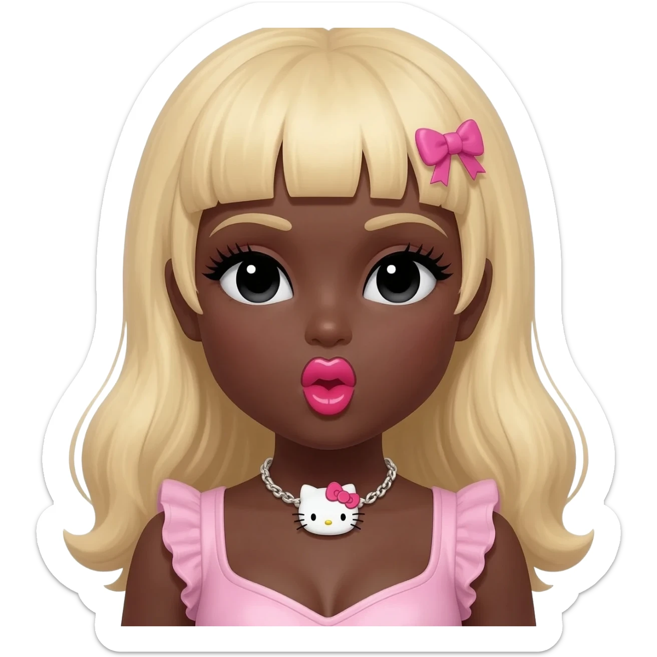 heart shaped lips, cute glossy lips, doll eyes with long lashes, dark brown skin, blonde hair, big chest, hello kitty necklace, one bow clip, bimbocore outfit sticker