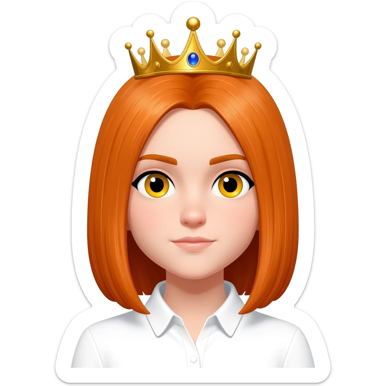 White girl with orange straight hair and yellow eyes with a crown on her head and a white shirt on sticker