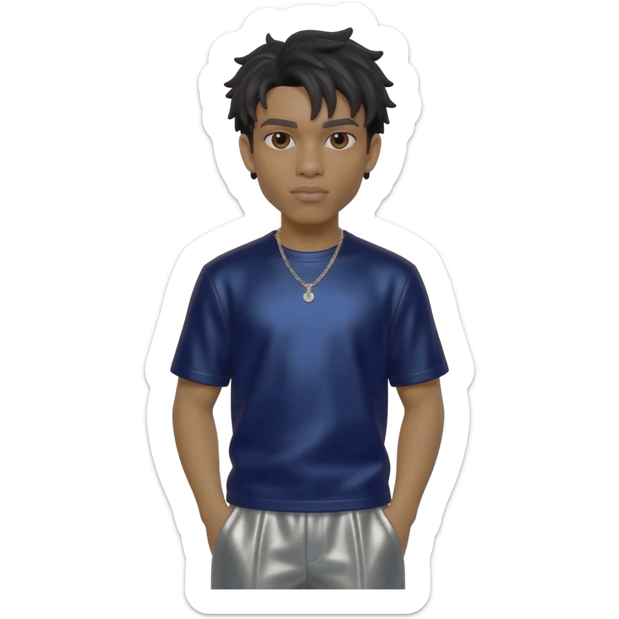 Drake with dark brown eyes, black short hair, navy blue metallic t-shirt, gray metallic baggy pants, silver necklace sticker