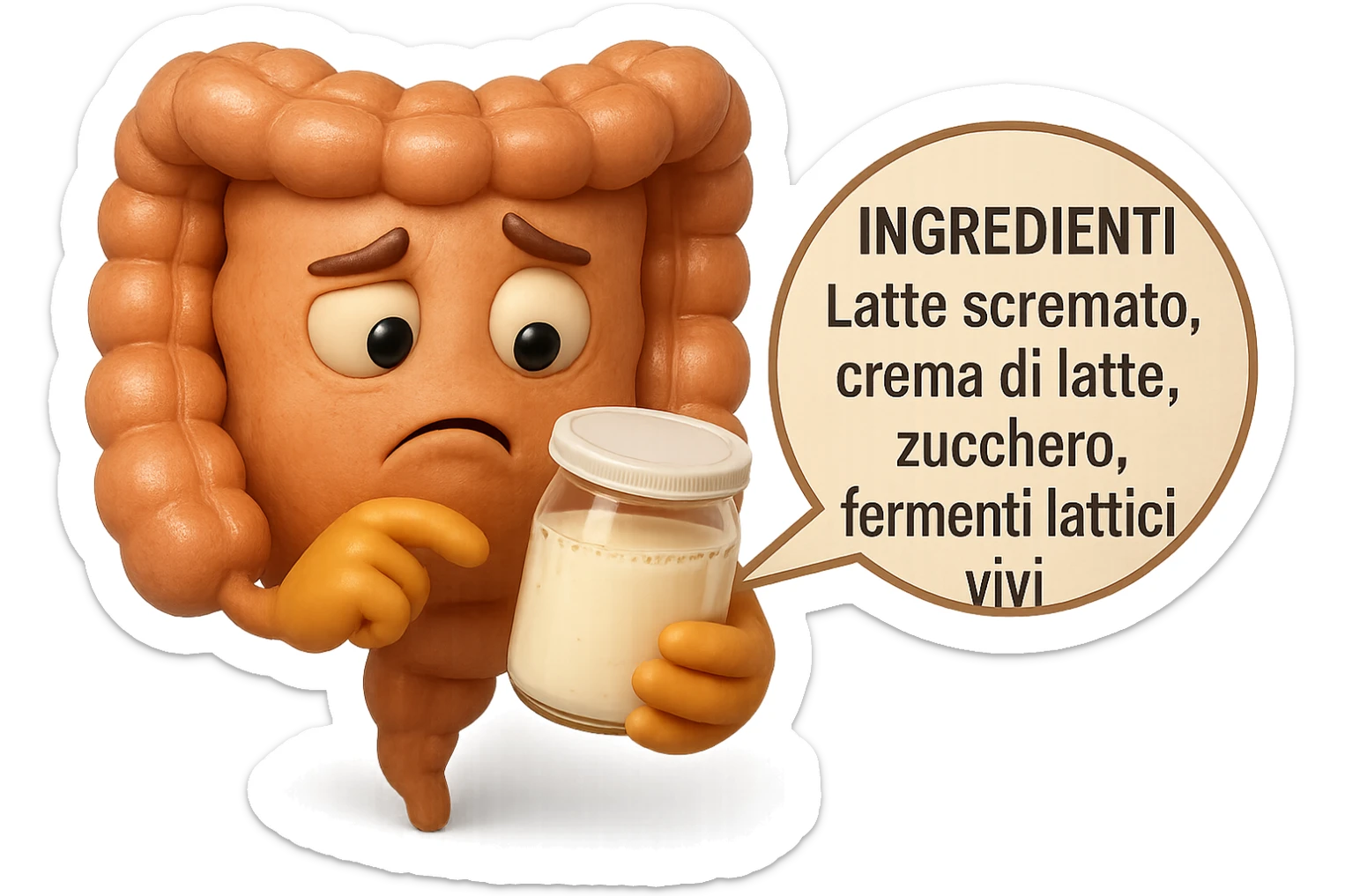 SU QUESTO STILE FAI UN EMOJI STILE IPHONE 3D DI UN INTESTINO CHE HA IN MANO UN BARATTOLO DI YOGURT CONFEZIONATO DA SUPERMERCATO E LEGGE L'ETICHETTA NUTRIZIONALE CON GLI INGREDIENTI IN ITALIANO, ACCANTO ALLO YOGURT CHE HA IN MANO C'è UN FOCUS SULL'ETICHETTA CON GLI INGREDIENTI SCRITTI, FAGLI UN ESPRESSIONE CONFUSA MENTRE LEGGE E FALLO MOLTO REALISTICO IN 3D sticker