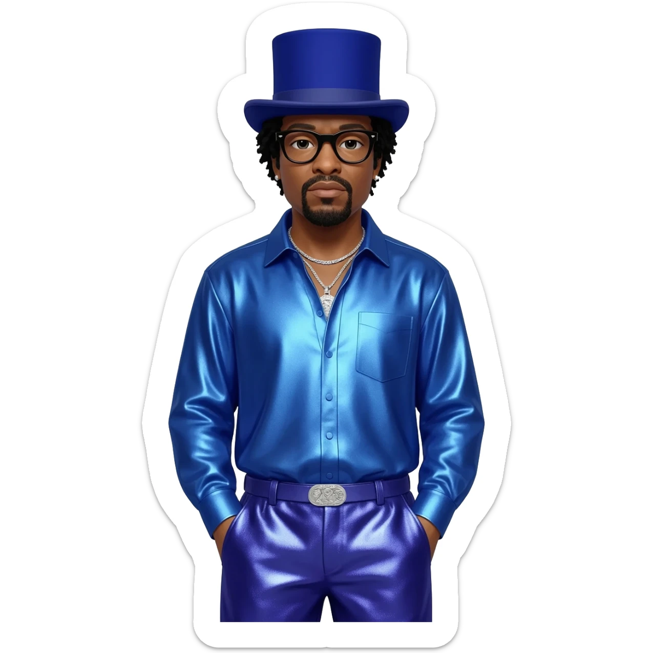 Flavor Flav with black hair, indigo top hat, black glasses, indigo metallic shirt, indigo metallic baggy pants, silver necklace sticker
