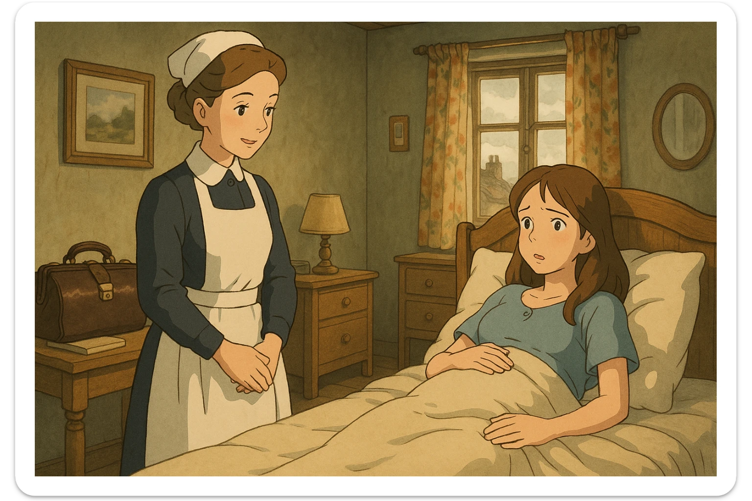 A british midwife from the 1940s standing at the bedside of a pregnant young mother who is about to give birth.  The room is from the 1940s and the midwife has her medical bag on a table on the side. sticker