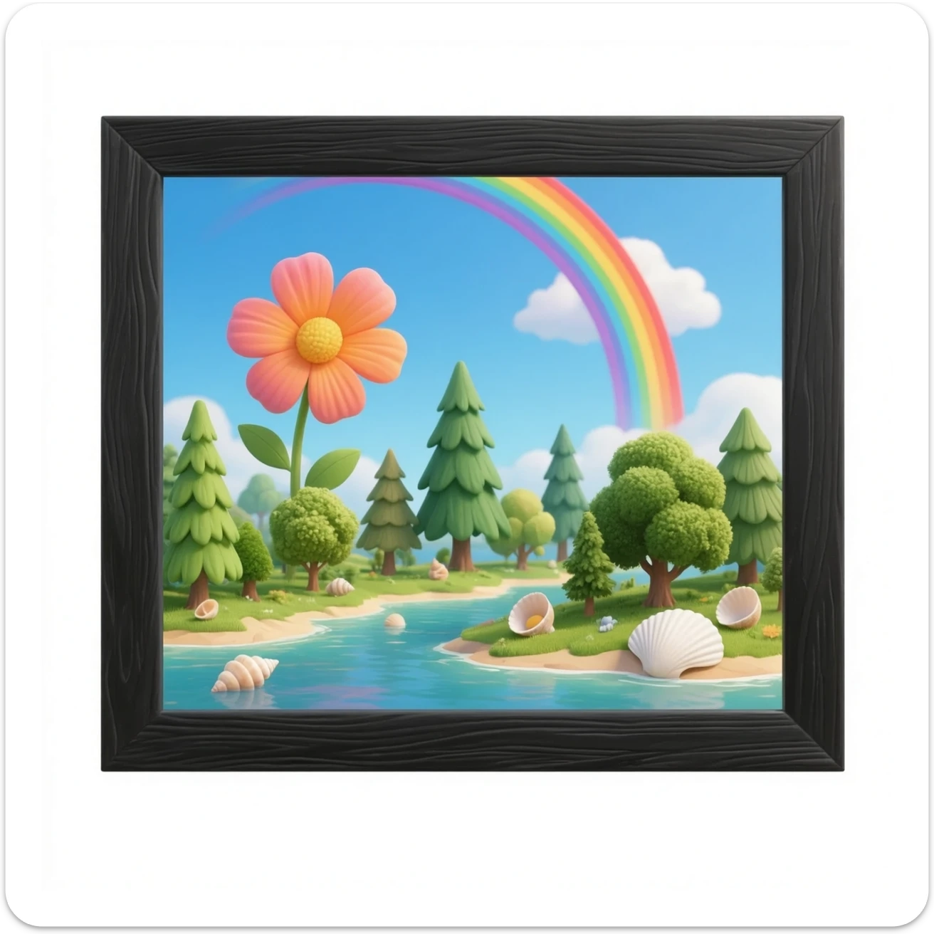 Floating island, mirco-detailed, different type of trees, 6 colors in a  rainbows in sky, lots of vivid big oversized flowers, Off white seashells, soft magical lighting, 8K, no emoji icons, no emoji faces, still life in black wooden picture frame sticker