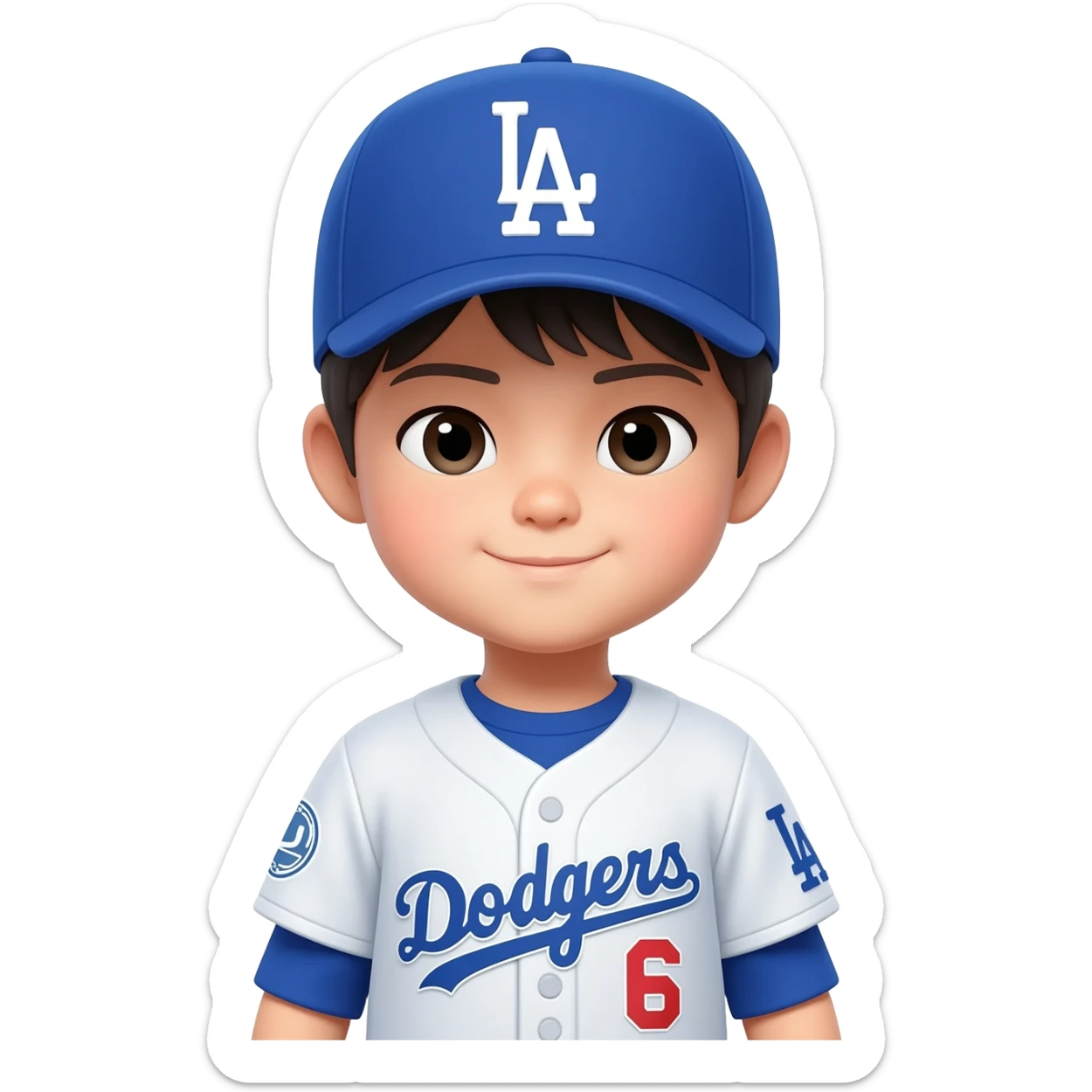 japanese toddler in a dodgers uniform with baseball cap sticker