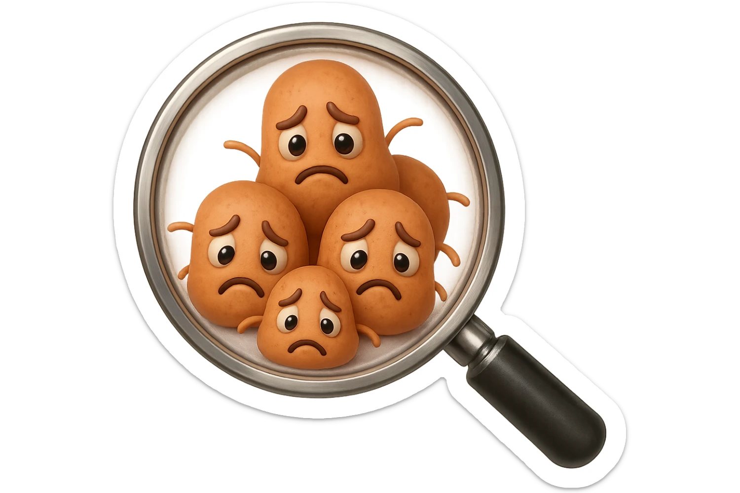 EMOJI STILE IPHONE DI una lente di ingrandimento che inquadra un cumulo di batteri intestinali tristi, IPERREALISTICO 4K sticker