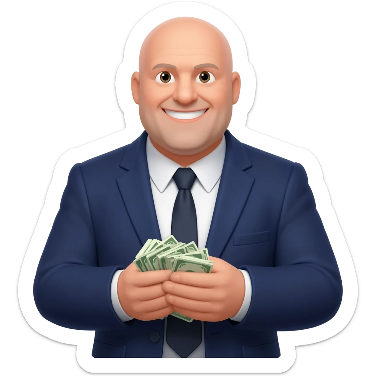 Bald Greek heavy set property manager grabbing his fee as the money comes in sticker