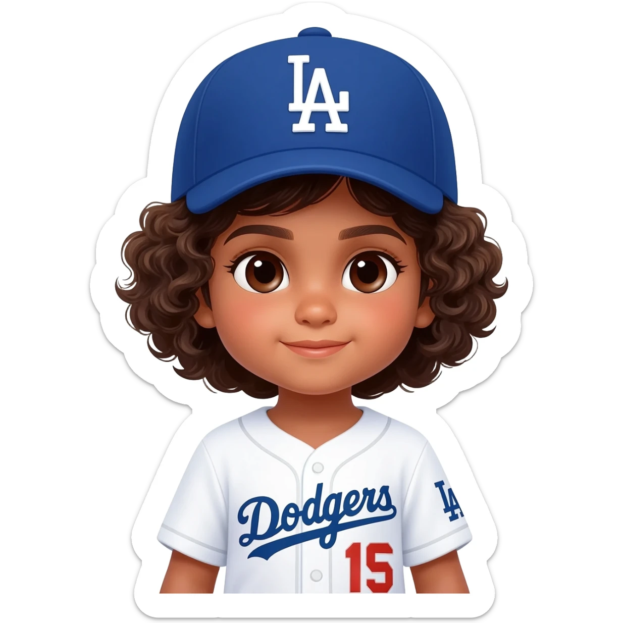 indian toddler girl in a white dodgers uniform with baseball cap curly brown short hair and dark brown eyes sticker