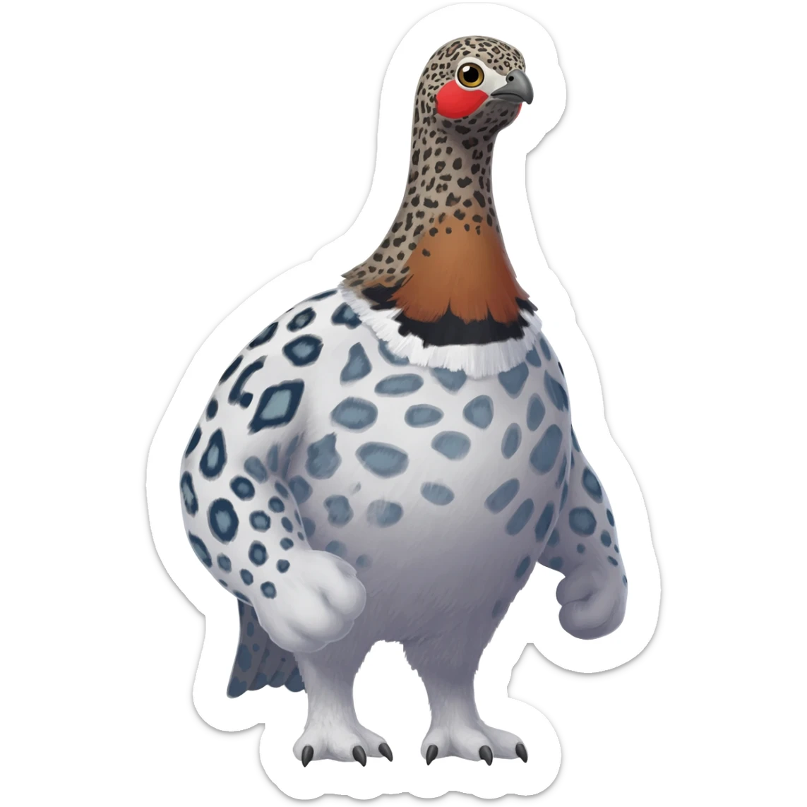 Rock Ptarmigan-Snow-Leopard-Snow-Hare-Koi-Fish-Pokémon-Fakémon-Animal-hybrid, full body, with red marking over eye sticker