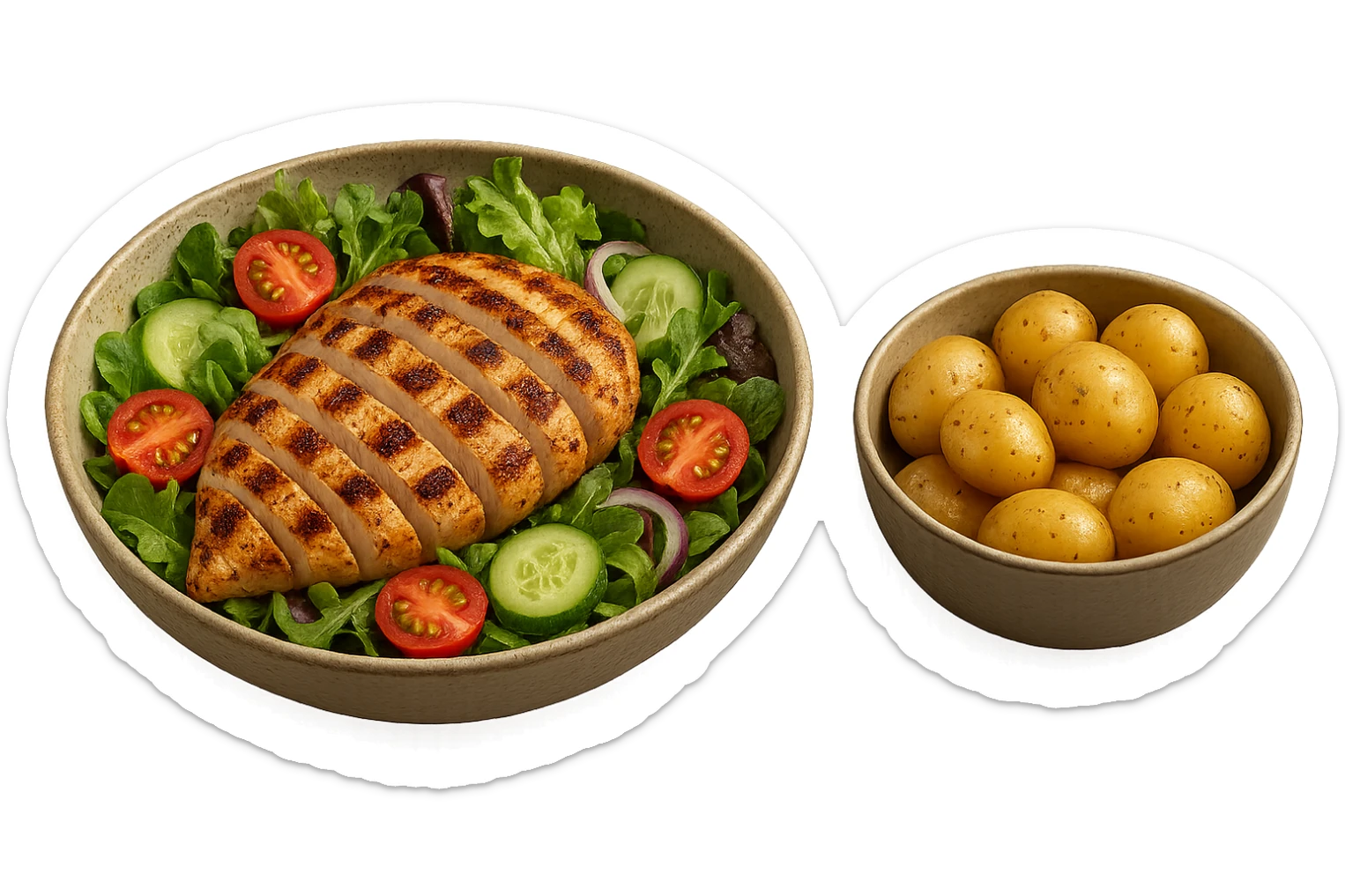 insalate con petto di pollo grigliato e bowl di patate cotte poggiate per terra, iperrealistico 4k sticker