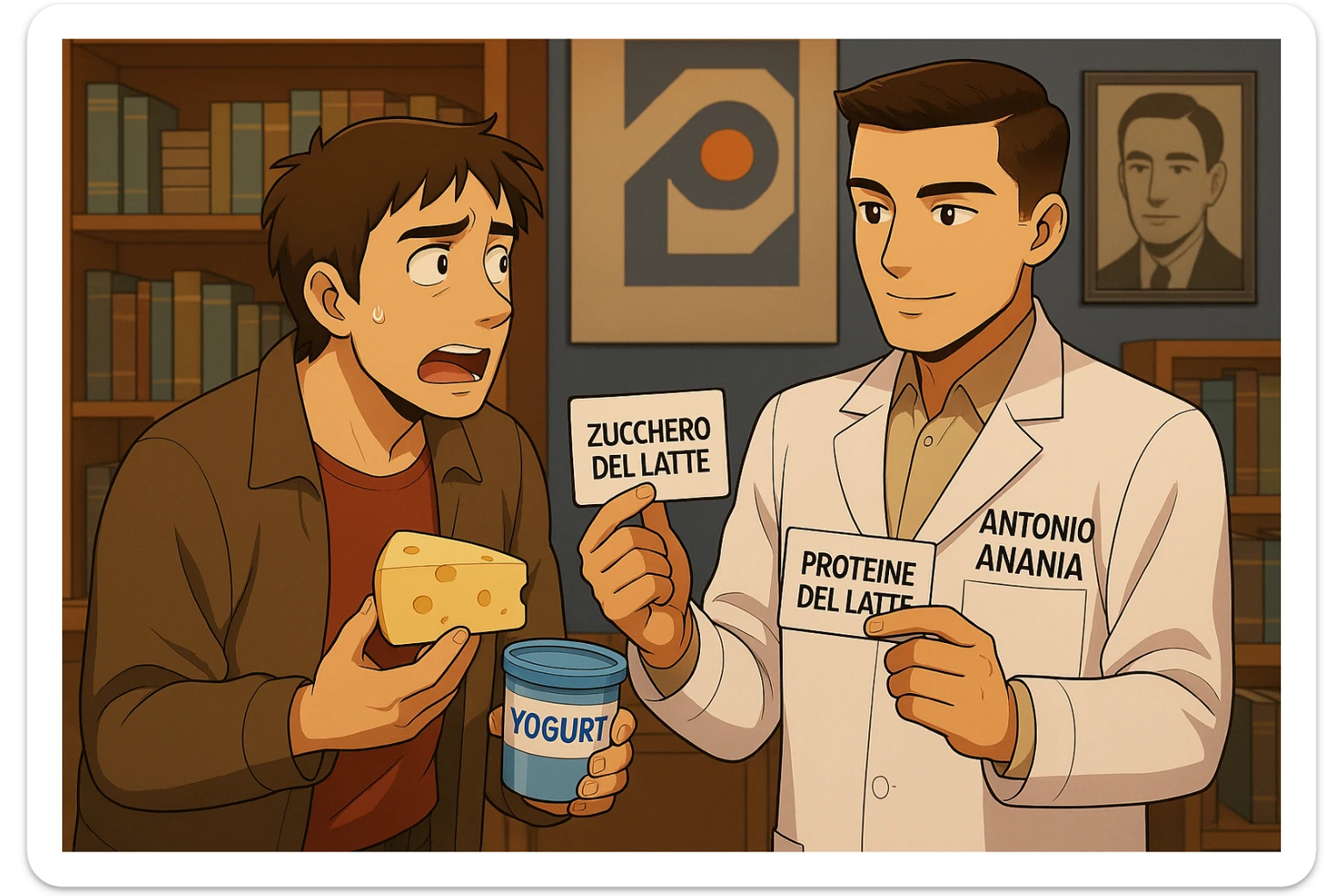 fai un webtoon manga a colori con questo stile, in cui un uomo fa una domanda al kinesiologo con il camice bianco (fagli anche la scritta "ANTONIO ANANIA" SUL CAMICE, l'uomo chiede una cosa mostrando un formaggio e uno yogurt al kinesiologo con il camice, IL KINESIOLOGO annuisce e SPIEGA ALL'UOMO UNA cos. L'UOMO ha un ESPRESSIONE CONFUSA IN VOLTO. non fare i fumetti però, fai solo in modo che sembri stiano parlando sticker