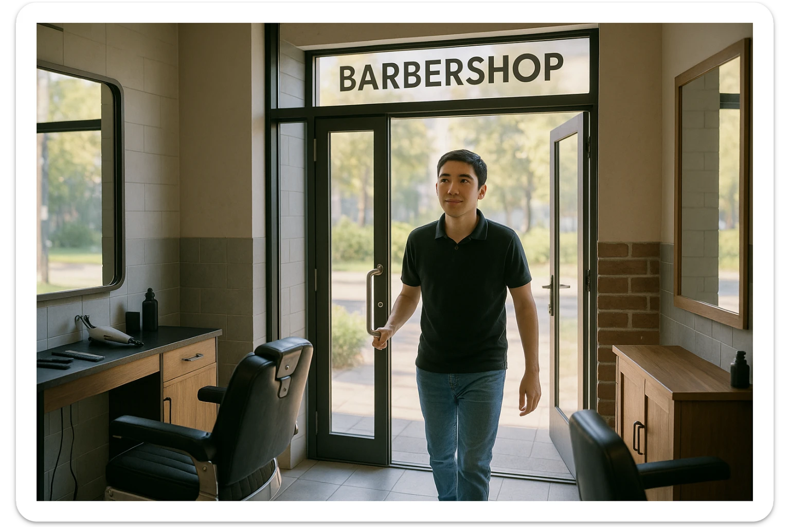 Shu odamni sartaroshxonaga kirib kelayapti  o'smirin davri rakurs ichkaridan sartaroshxona eski ham yangi ham emas bolani juda semiz qilib yuborma  u ozg'inroq bo' huddi sartaroshxonani  hammadan oldin kelib ochsin sticker