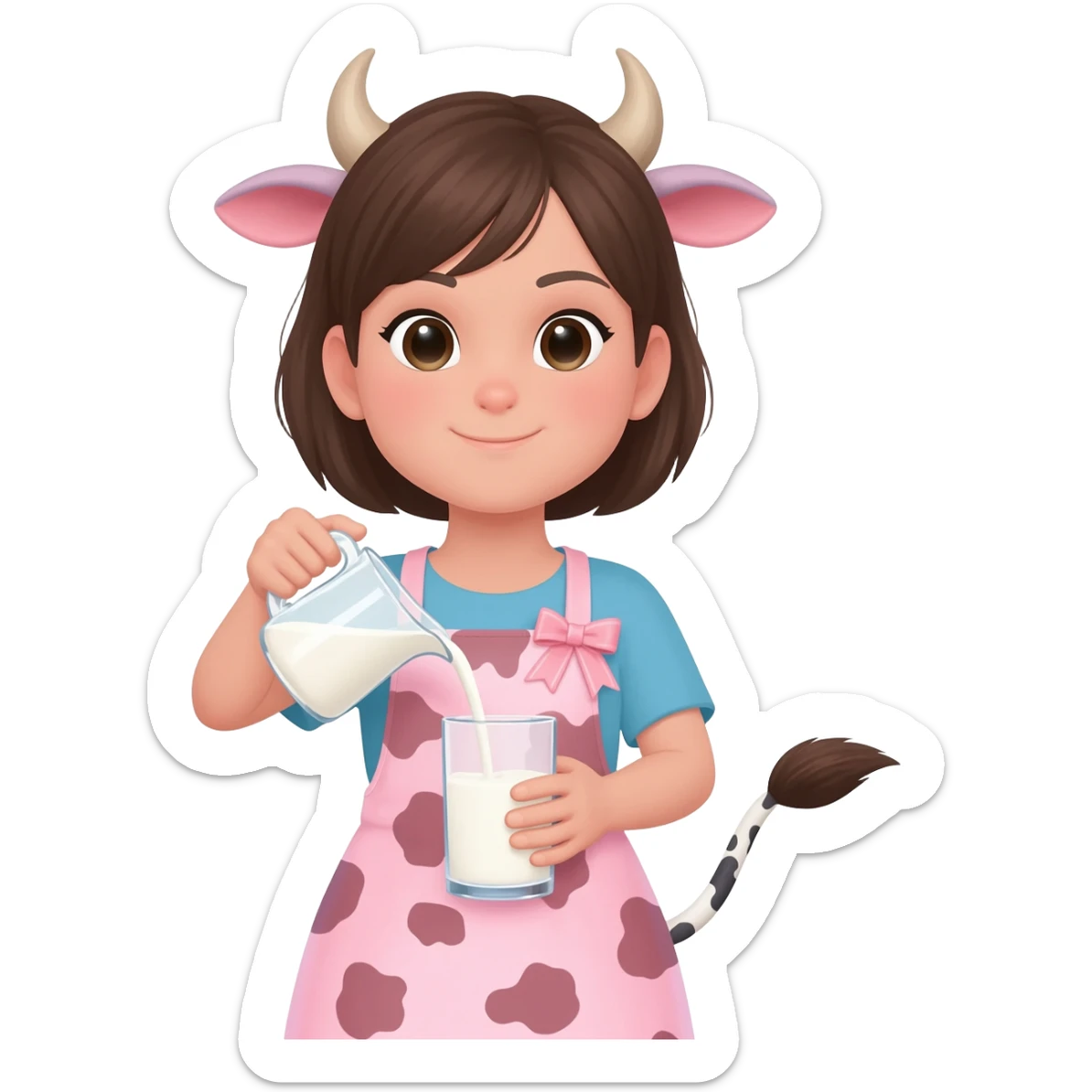 pretty girl with cow horns and cow ears and cow tail in cute apron with pink cow print and ribbons pours milk sticker