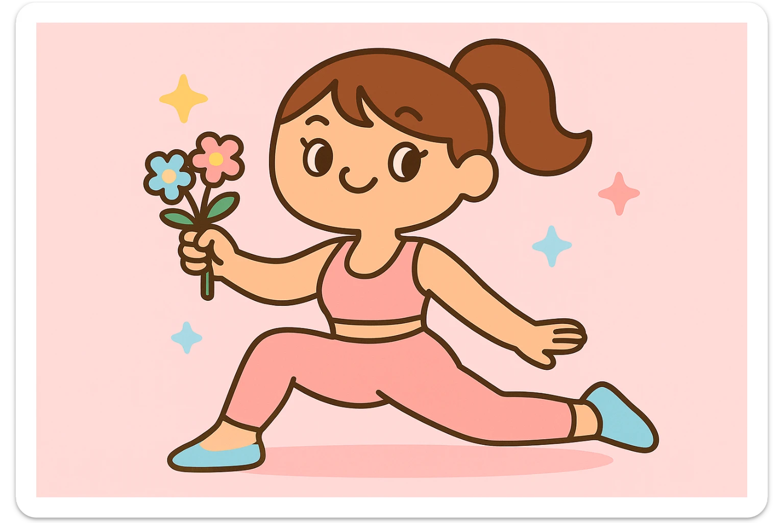 Make the stylish pilates girl in pink, holding flowers, in a pastel aesthetic, using soft pastel colors and a gentle vibe. sticker