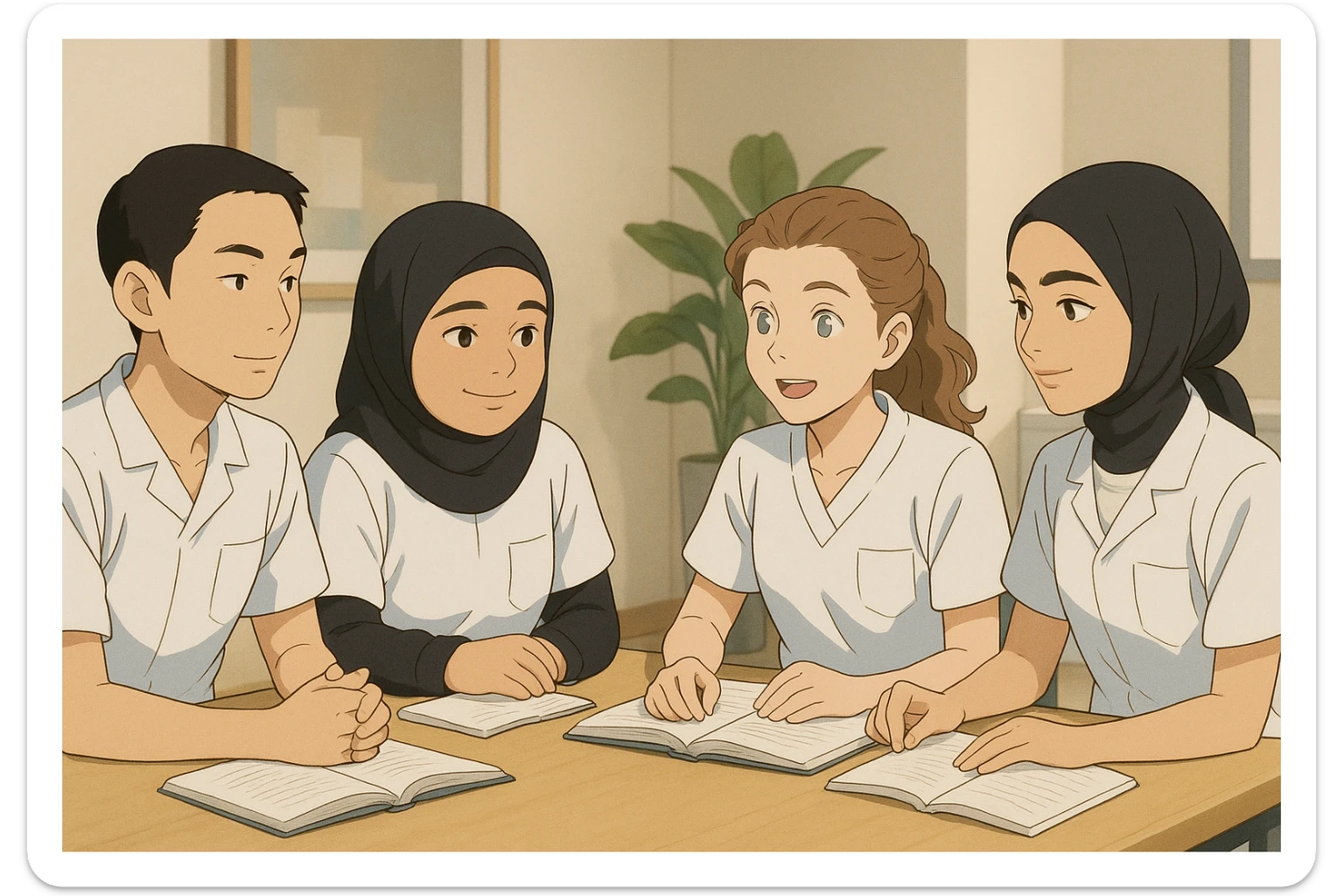 Four nursing students inspired by the photos, in Ghibli style, interacting around a table, wearing short-sleeved white uniforms with V-neck medical tunics, left chest pocket, no collar stand, no stethoscopes, bare forearms, long hair tied back for those who have it. Modern and minimalist indoor decor. sticker
