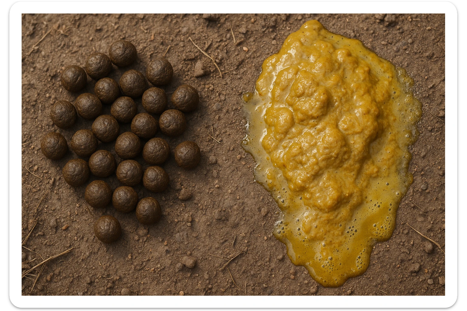 feci di animale a palline viste dall'alto e feci di animale liquide e gialline viste dall'alto, iperrealistico 4k sticker